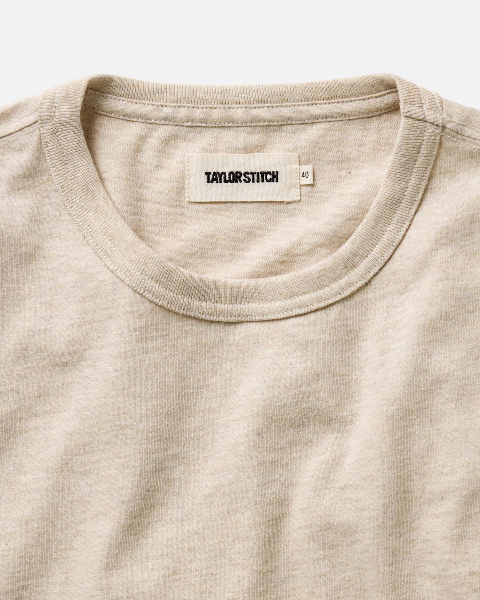 material shot of the fabric on The Organic Cotton Long Sleeve Tee in Heather Oat, Knits by Taylor Stitch