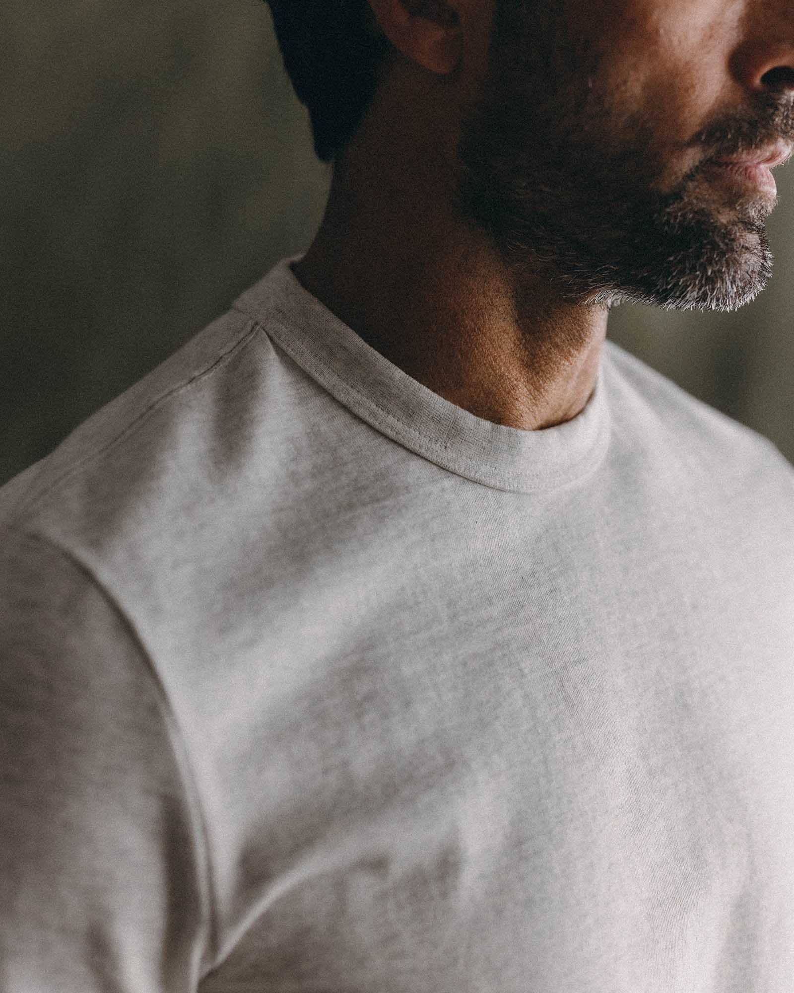 fit model posing in The Organic Cotton Shop Tee in Oat Twist, Knits by Taylor Stitch