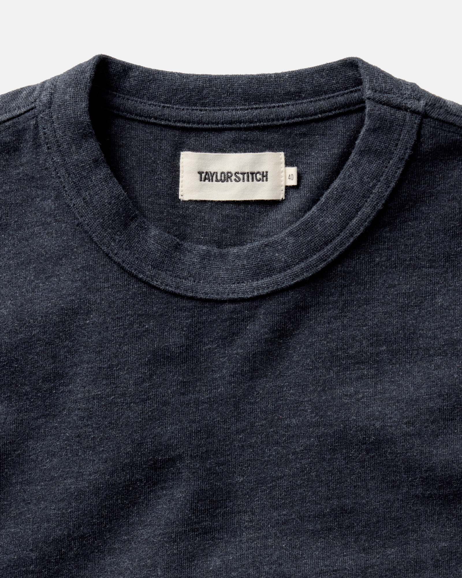 material shot of the collar on The Organic Cotton Shop Tee in Navy Twist, Knits by Taylor Stitch