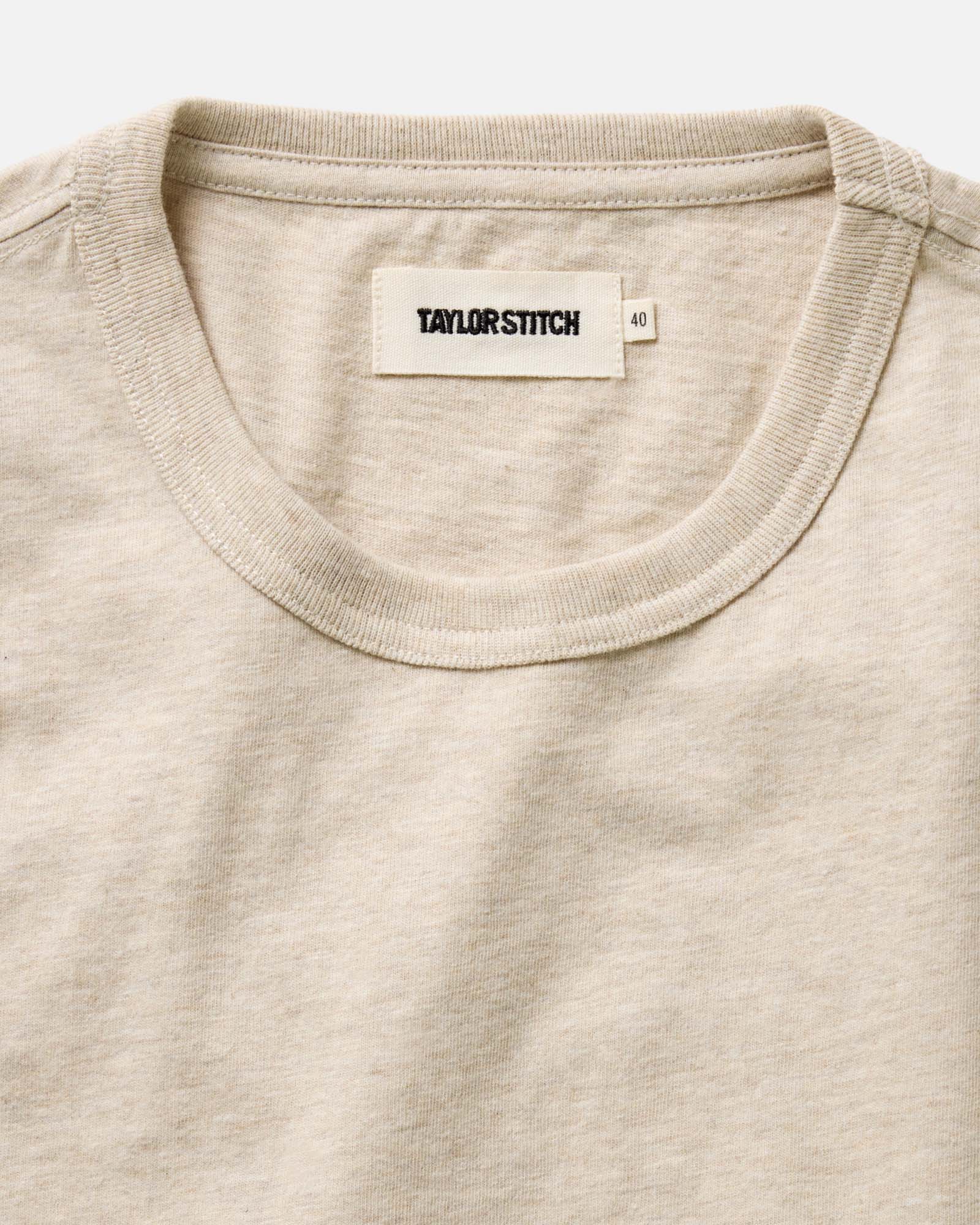 material shot of the collar on The Organic Cotton Tee in Heather Oat, Knits by Taylor Stitch