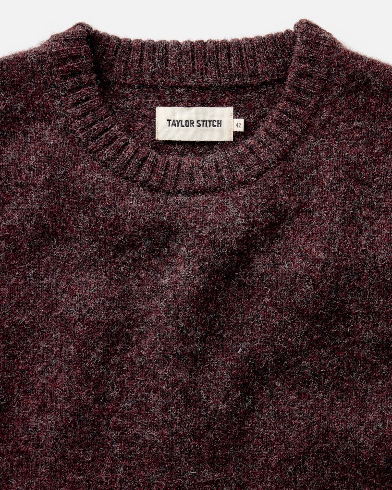 material shot of the collar on The Eastmoor Sweater in Heather Port Wool, Knits by Taylor Stitch