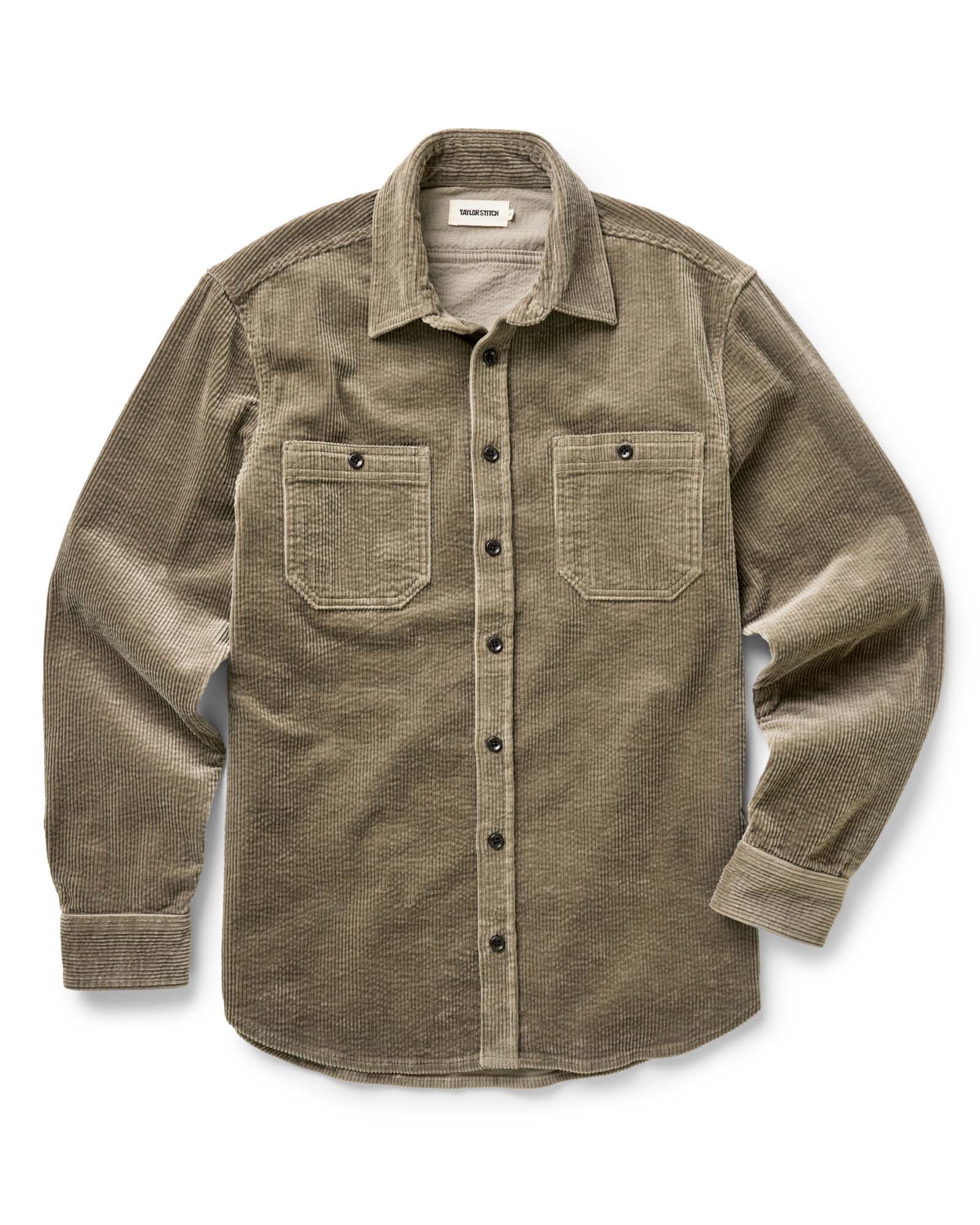 flatlay of The Utility Shirt in Fatigue Olive Corduroy, Wovens by Taylor Stitch
