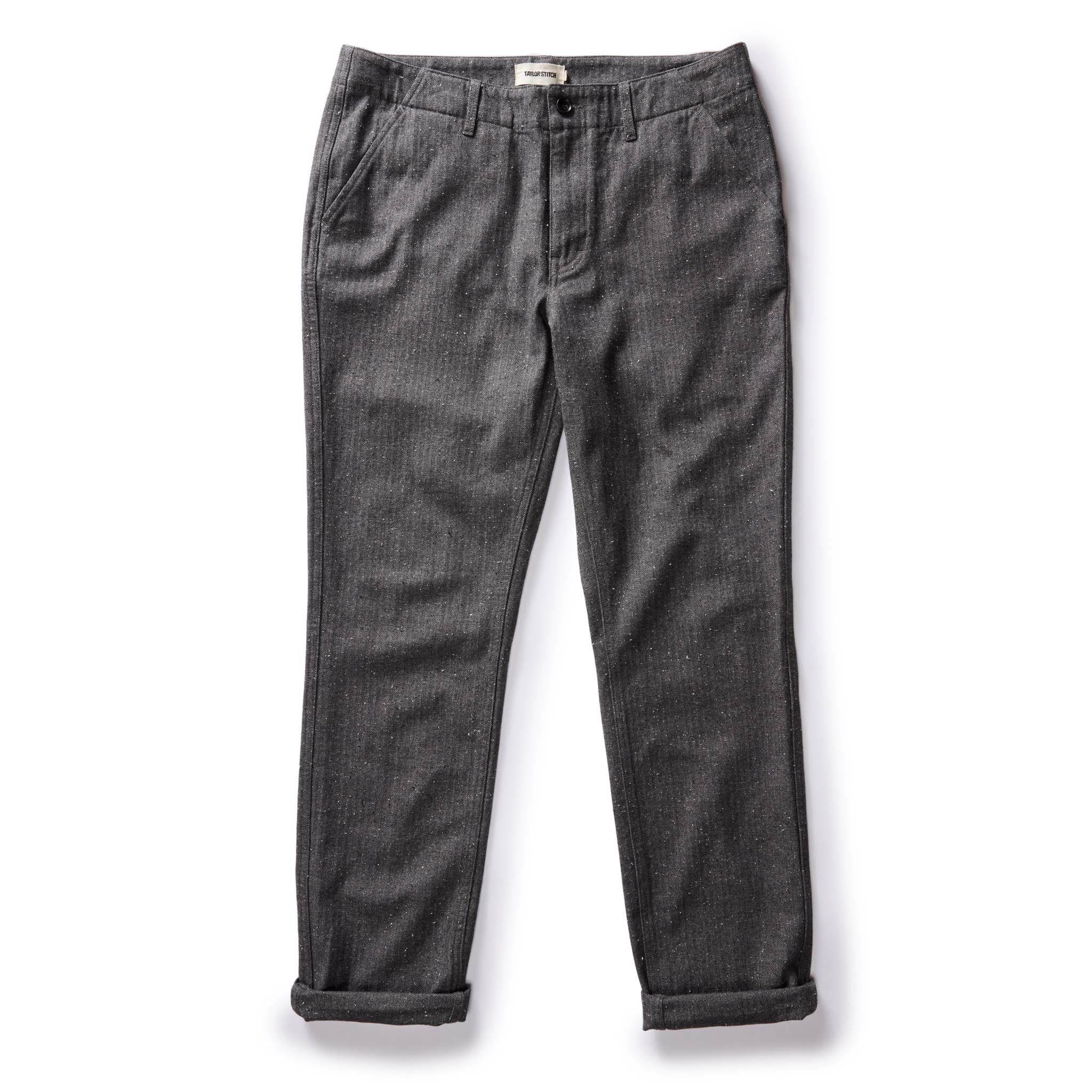 flatlay of The Carnegie Pant in Granite Herringbone, shown in full, Bottoms by Taylor Stitch