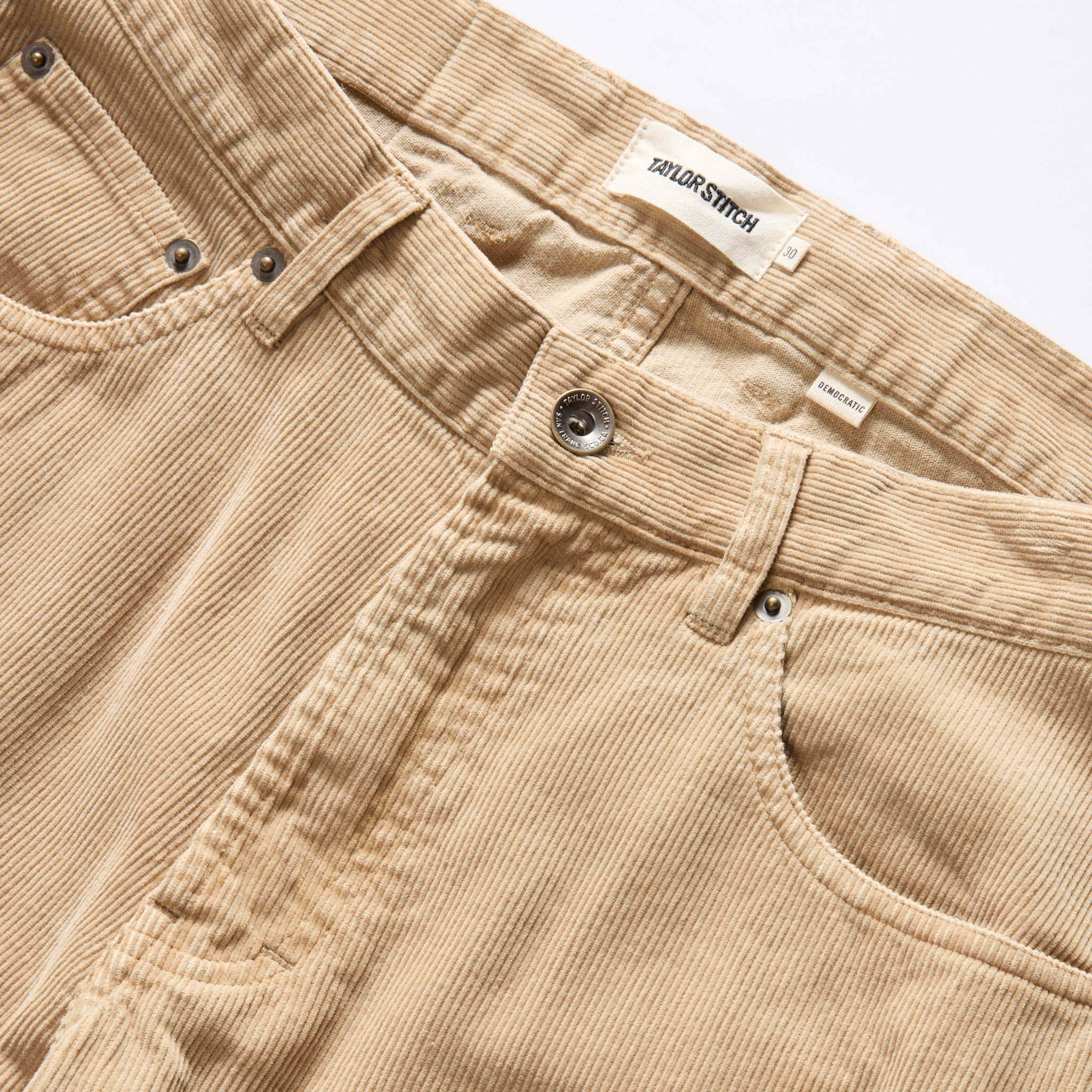 material shot of the button fly on The Democratic All Day Pant in Light Khaki Cord, Bottoms by Taylor Stitch