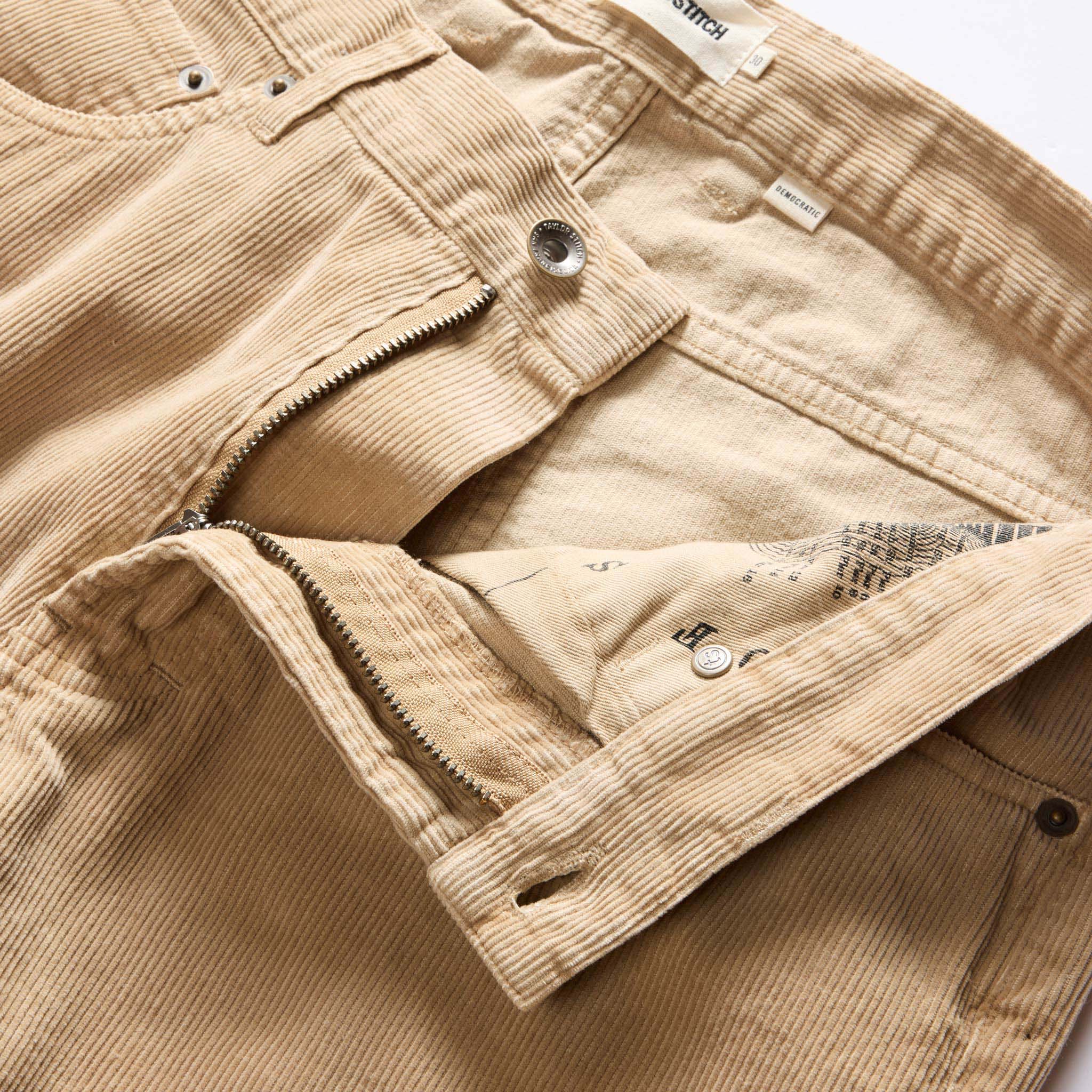 material shot of the zip fly on The Democratic All Day Pant in Light Khaki Cord, Bottoms by Taylor Stitch