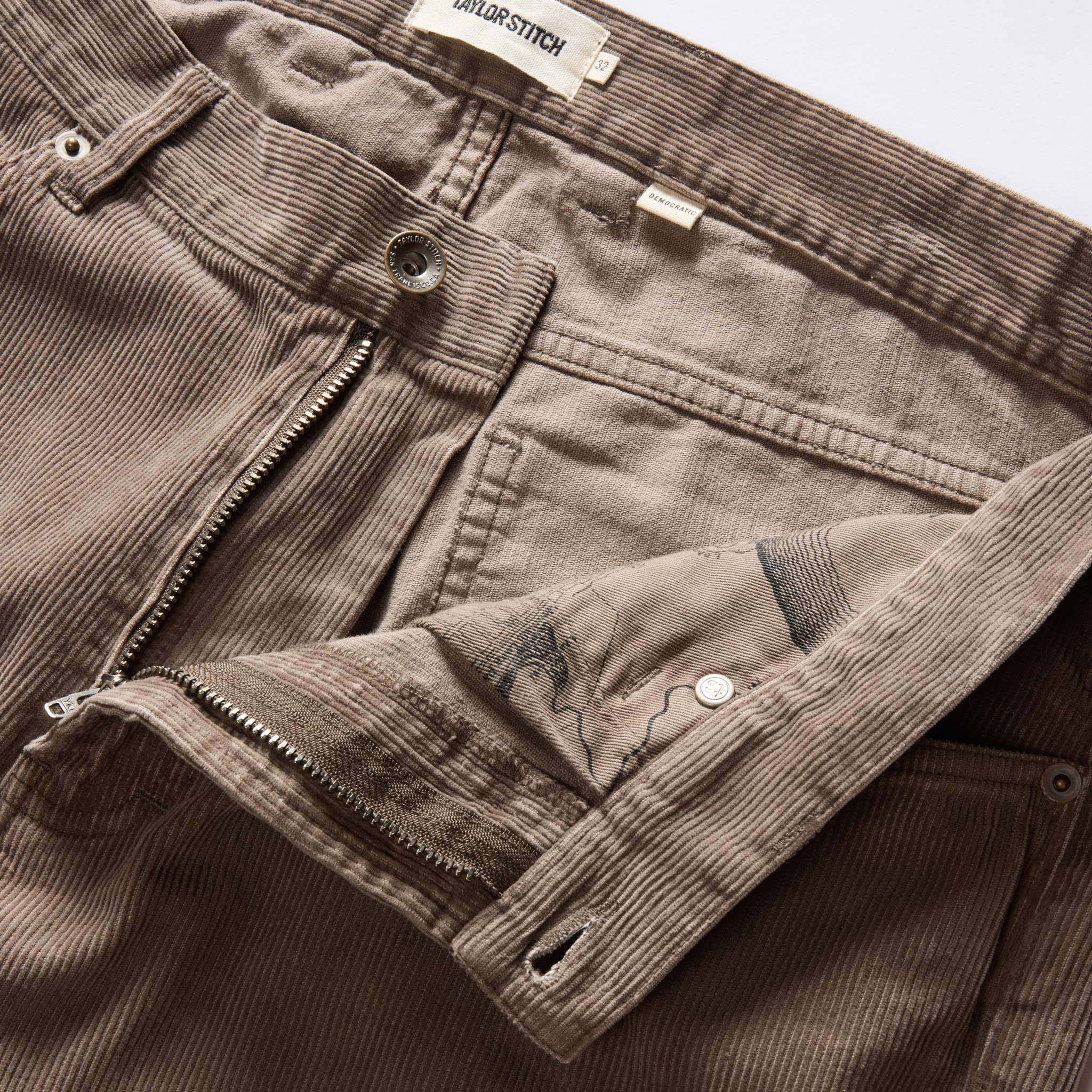 material shot of zip fly on The Democratic All Day Pant in Morel Cord, Bottoms by Taylor Stitch