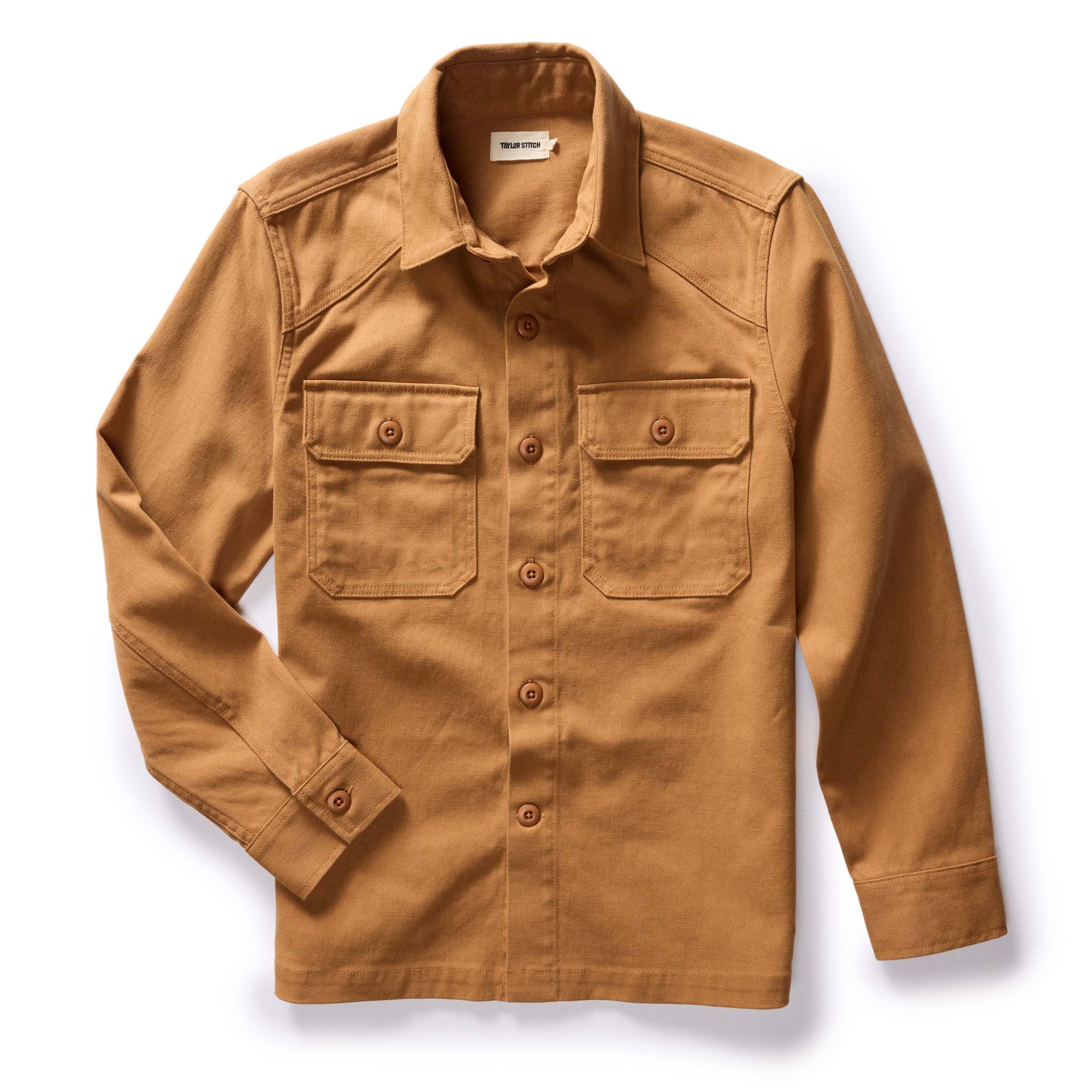 flatlay of The Shop Shirt in Cedar Boss Duck, Wovens by Taylor Stitch