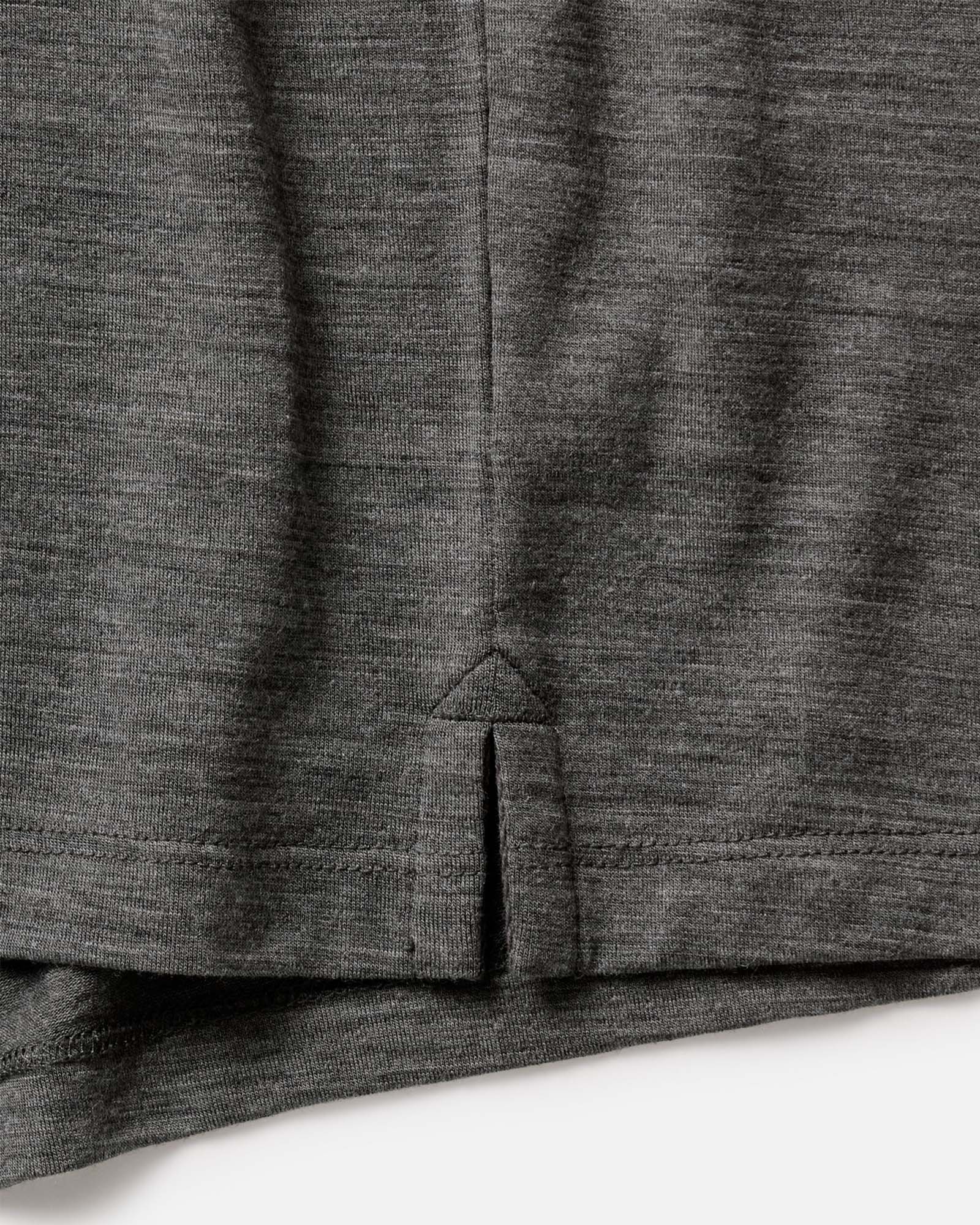 material shot of the bottom hem on The Merino Polo in Heather Army, Knits by Taylor Stitch