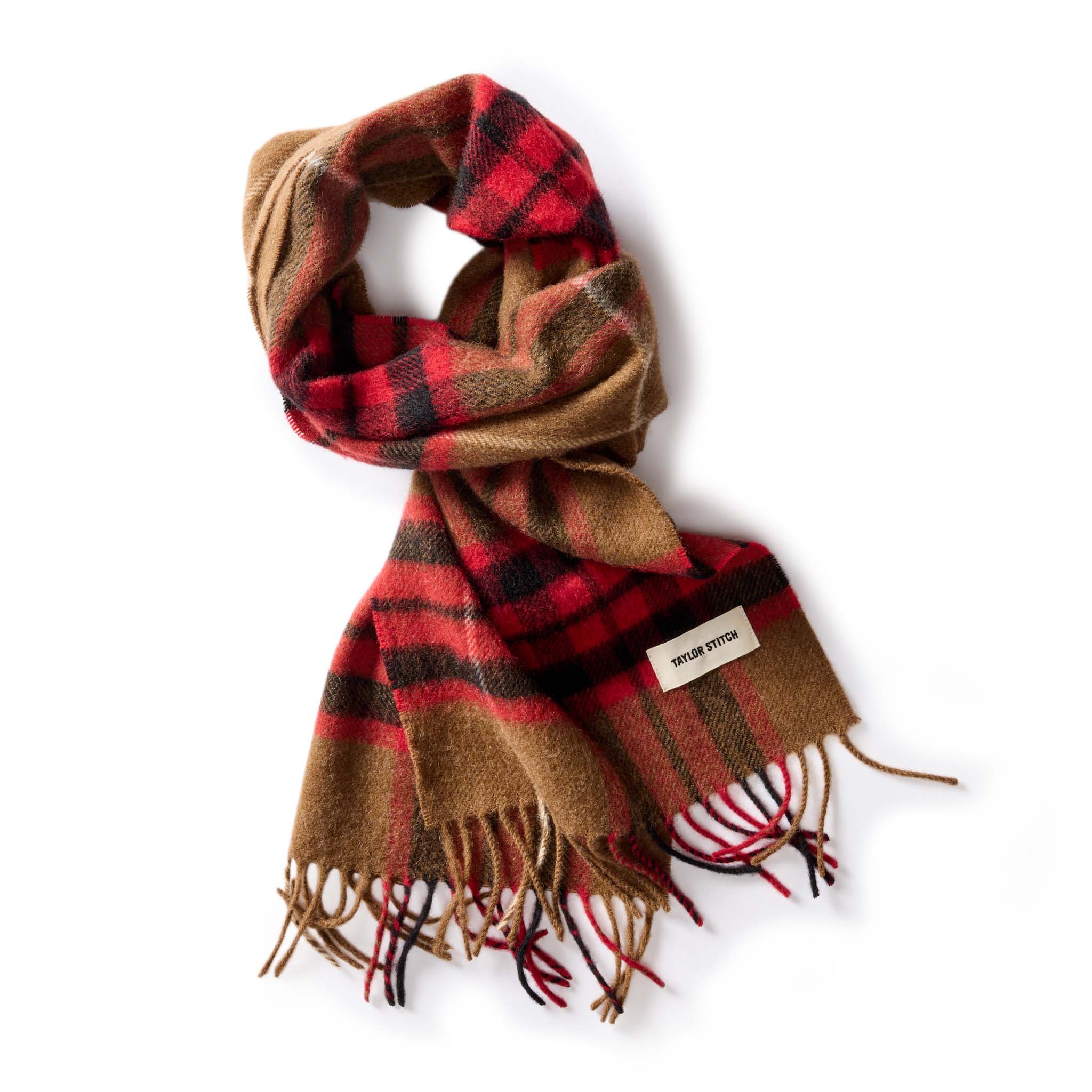 flatlay of The Fireside Scarf in Camel Tartan Merino, Accessories by Taylor Stitch