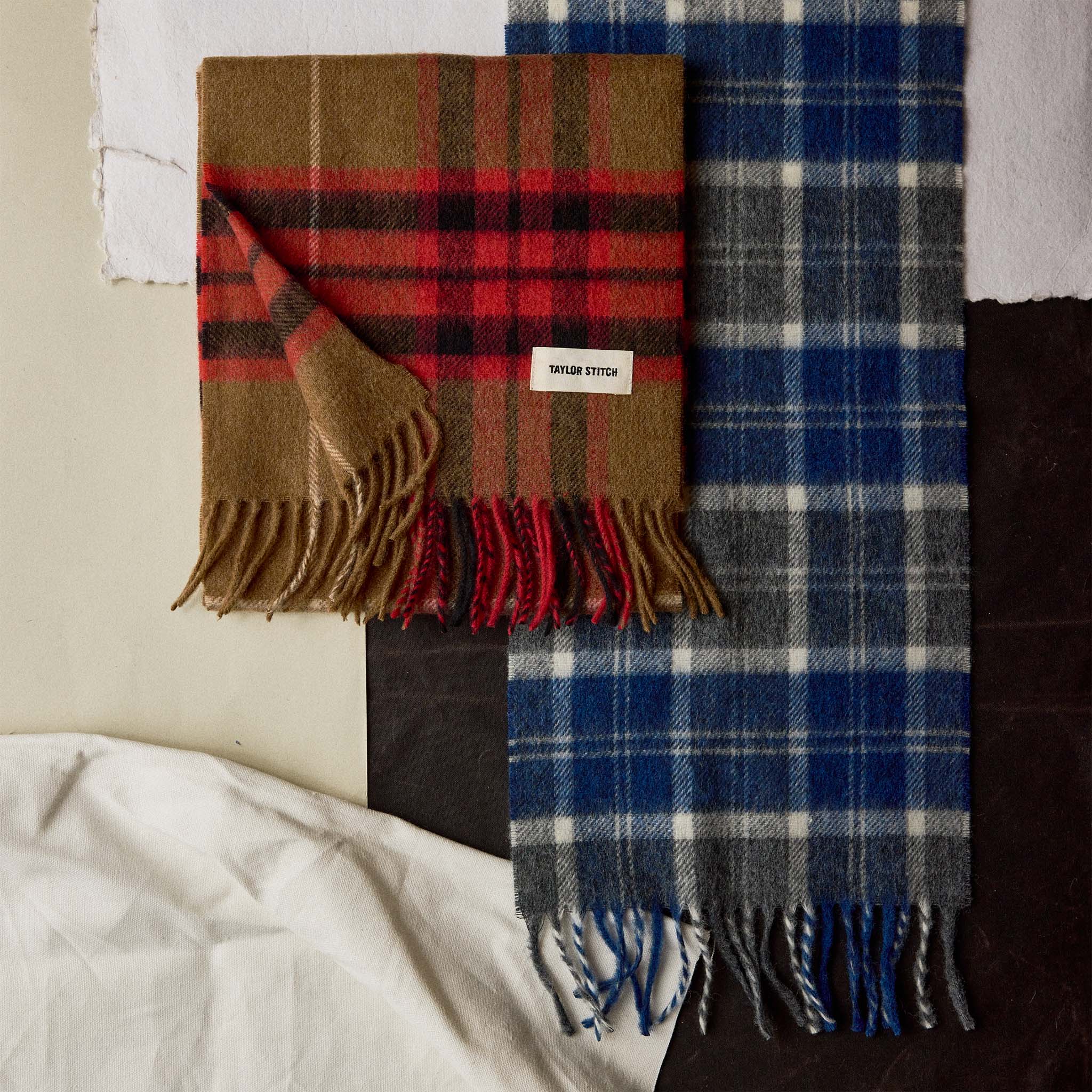 material shot of The Fireside Scarf in Camel Tartan Merino, Accessories by Taylor Stitch