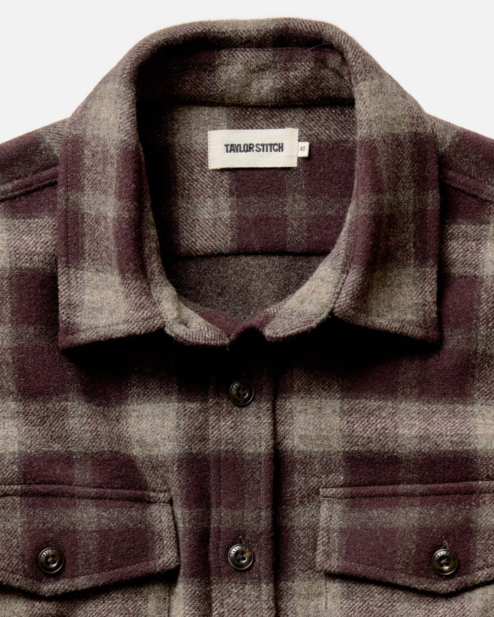 fit model showing the cuffs on The Maritime Shirt Jacket in Burgundy Plaid, Wovens by Taylor Stitch