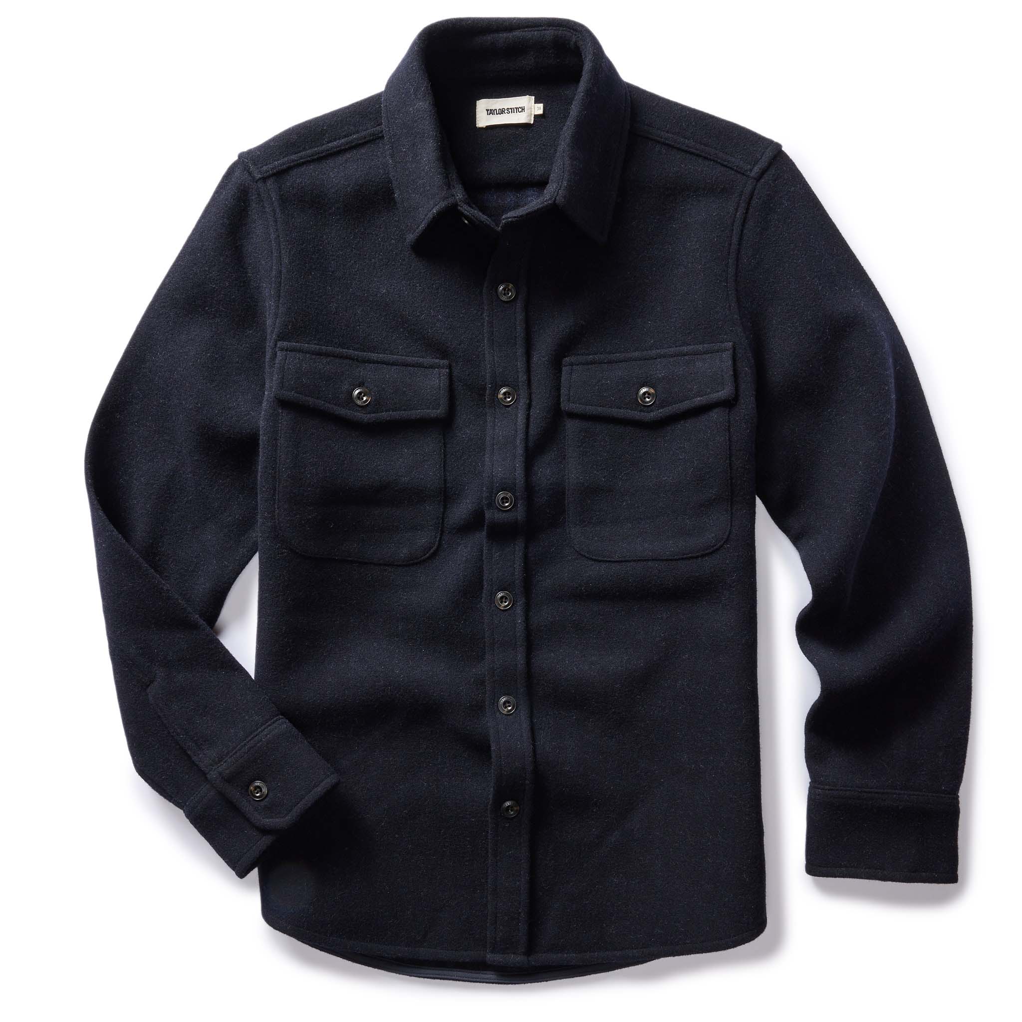 flatlay of The Maritime Shirt Jacket in Navy Wool, Wovens by Taylor Stitch