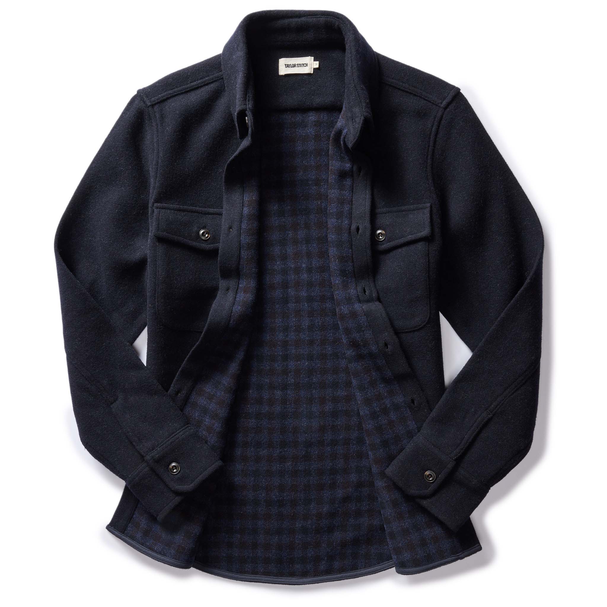 flatlay of The Maritime Shirt Jacket in Navy Wool, shown open, Wovens by Taylor Stitch
