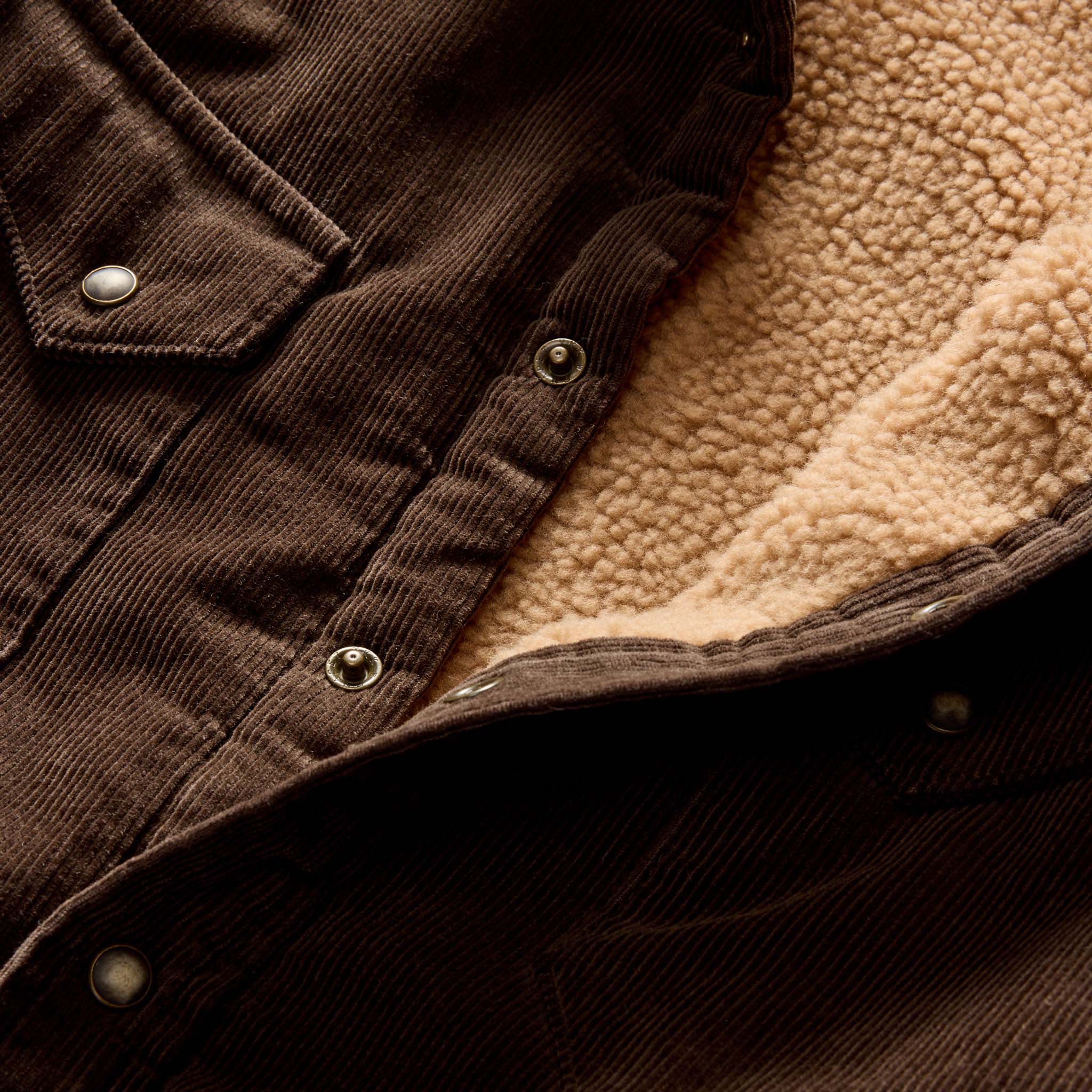 material shot of the snap buttons on The Western Shirt Jacket in Soil Corduroy, Outerwear by Taylor Stitch