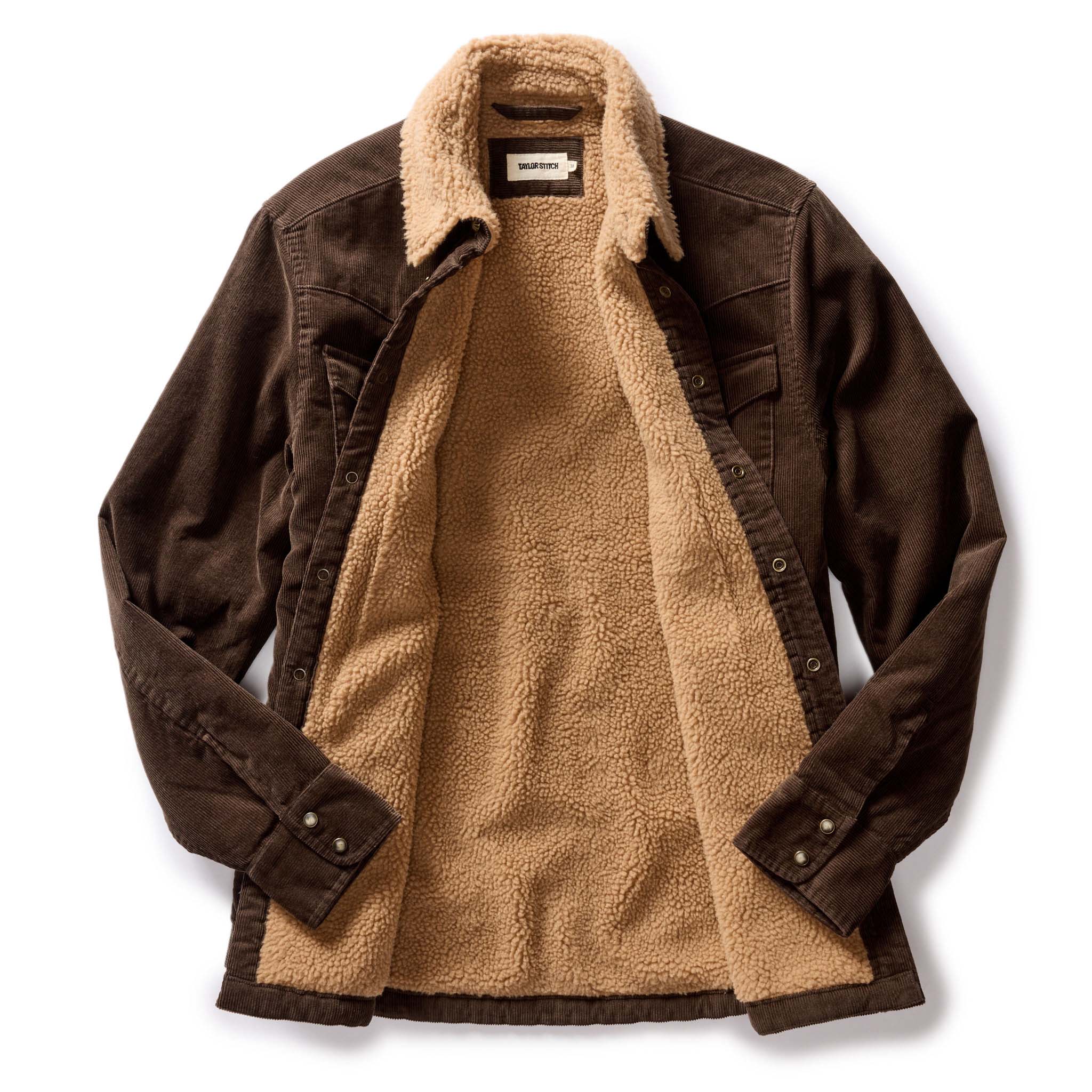 flatlay of The Western Shirt Jacket in Soil Corduroy, shown open, Outerwear by Taylor Stitch