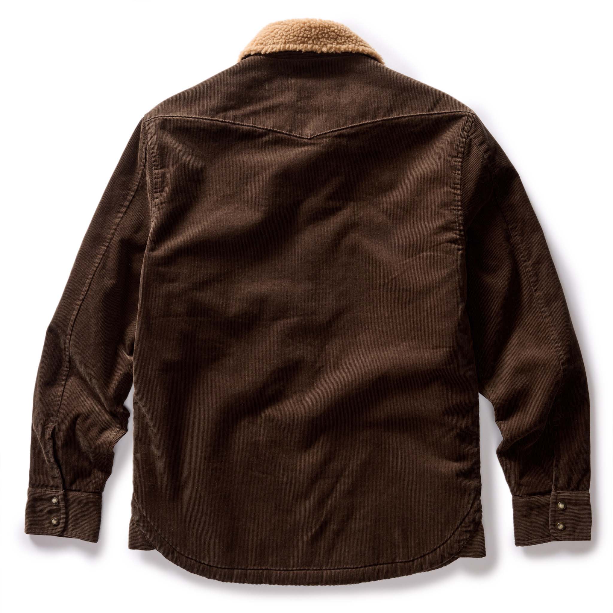 flatlay of The Western Shirt Jacket in Soil Corduroy, shown from back, Outerwear by Taylor Stitch
