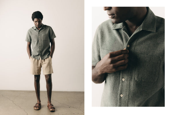 Diptych of cuban man at military base in America, circa 1960s, and man with daughter in camp collar shirt at the dining table. Both images courtesy of Library of Congress.