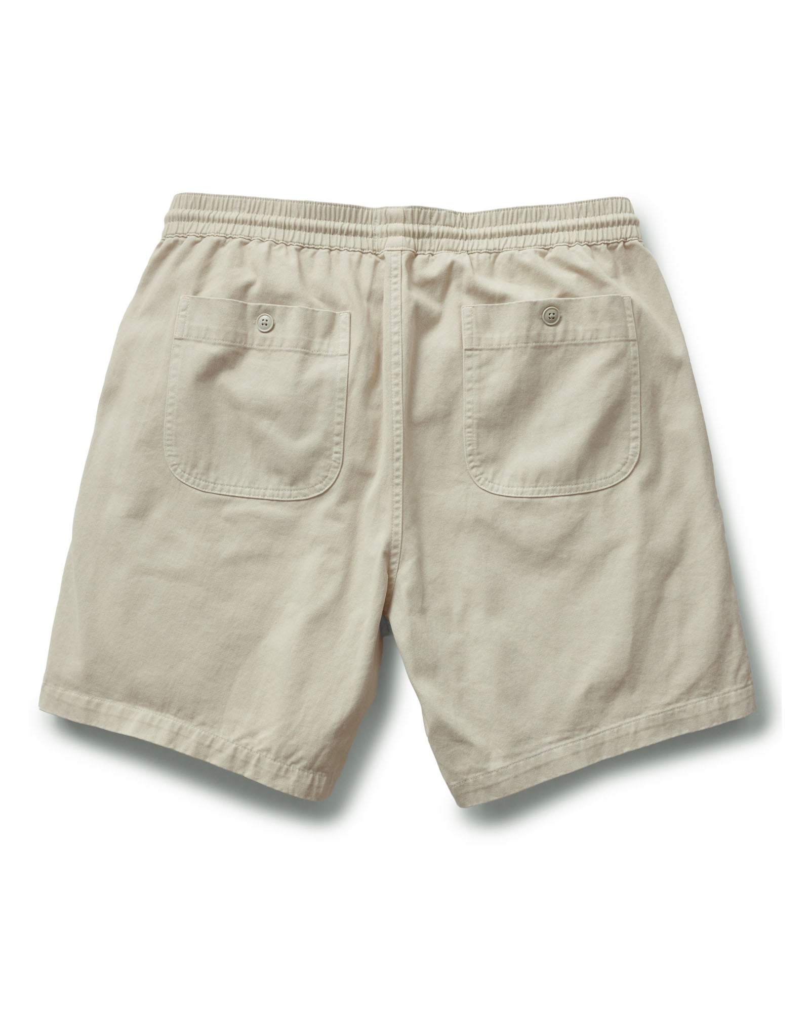 flatlay of the back of The Apres Short in Organic Aged Stone Foundation Twill, Bottoms by Taylor Stitch