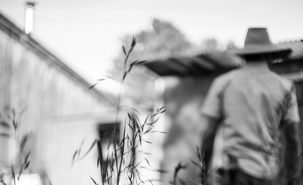 Blurred black and white shot of our guy walking away from camera towards a barn.