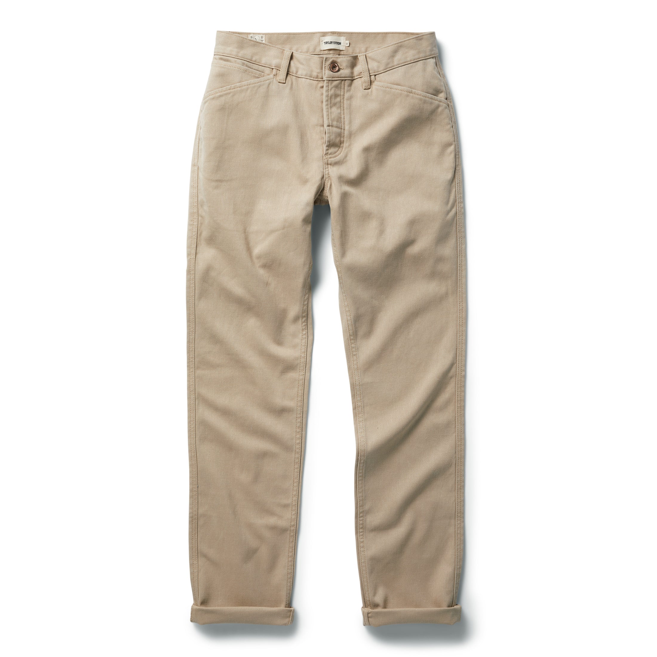 flatlay of The Camp Pant in Sand Boss Duck, shown in full, Bottoms by Taylor Stitch