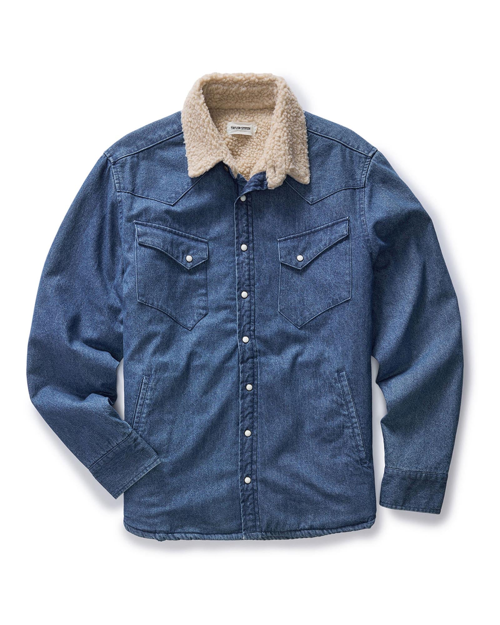 flatlay of The Western Shirt Jacket in Washed Indigo, Wovens by Taylor Stitch