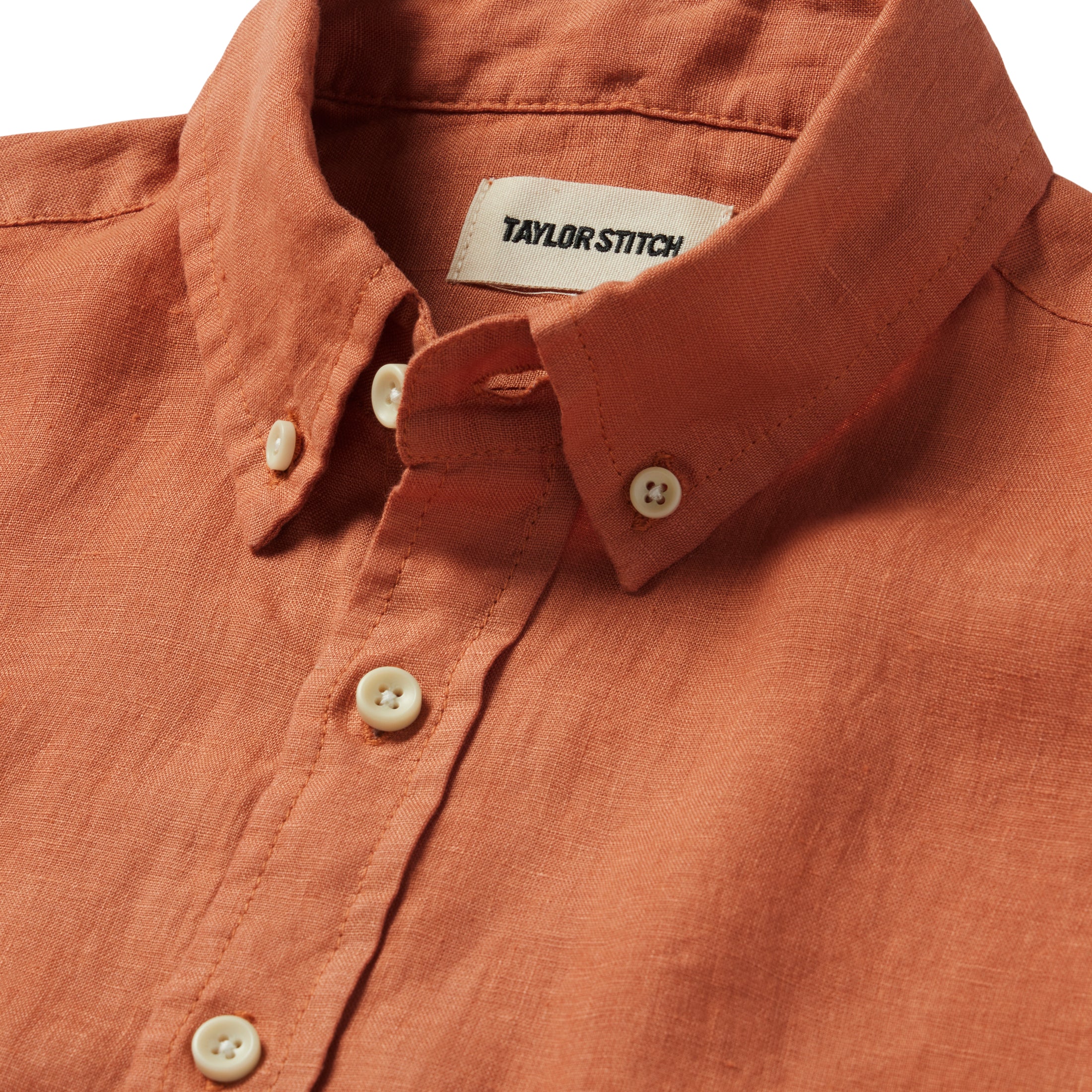 material shot of the collar on The Jack in Apricot Linen, Wovens by Taylor Stitch