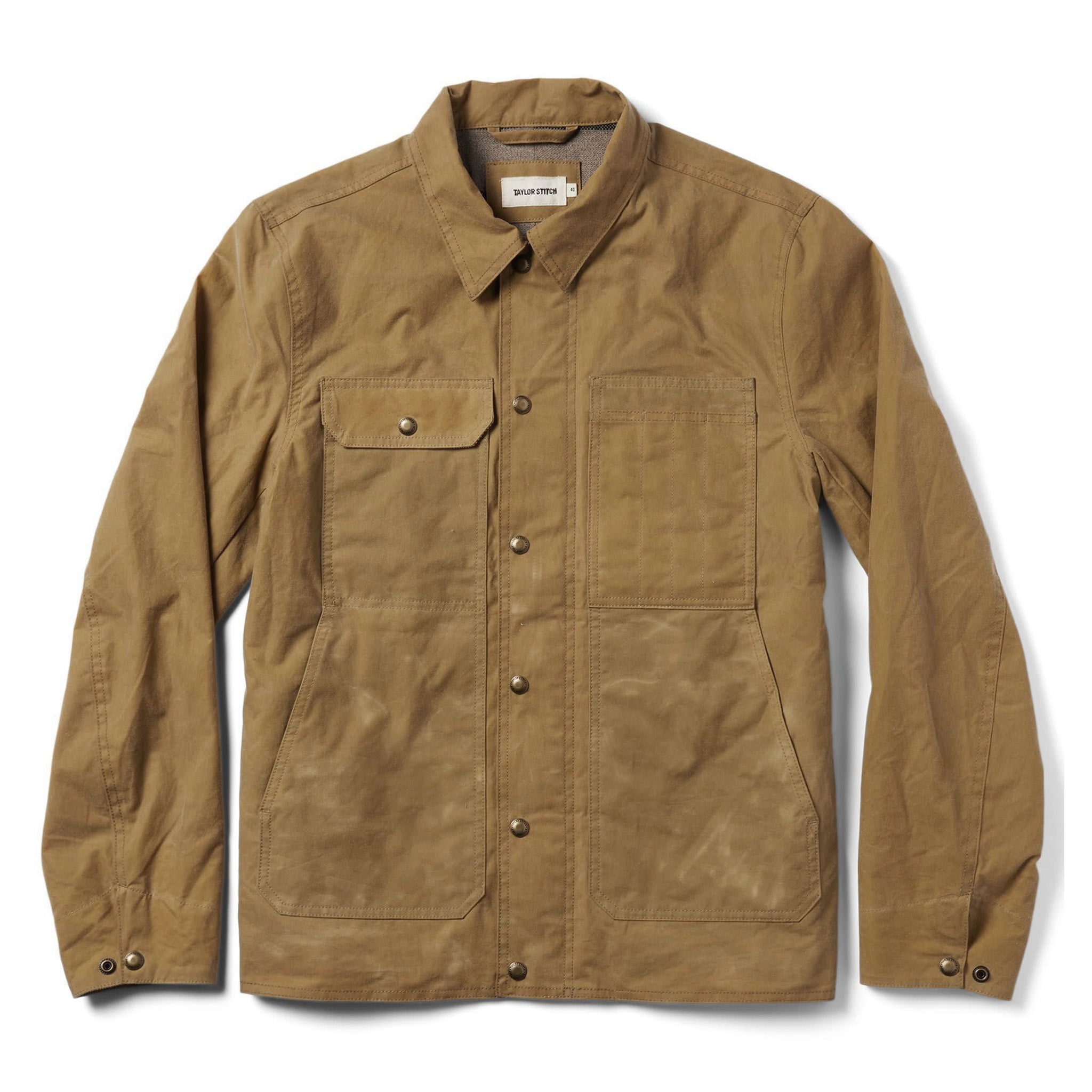 flatlay of The Lined Longshore Jacket in Harvest Tan Waxed Canvas, Outerwear by Taylor Stitch