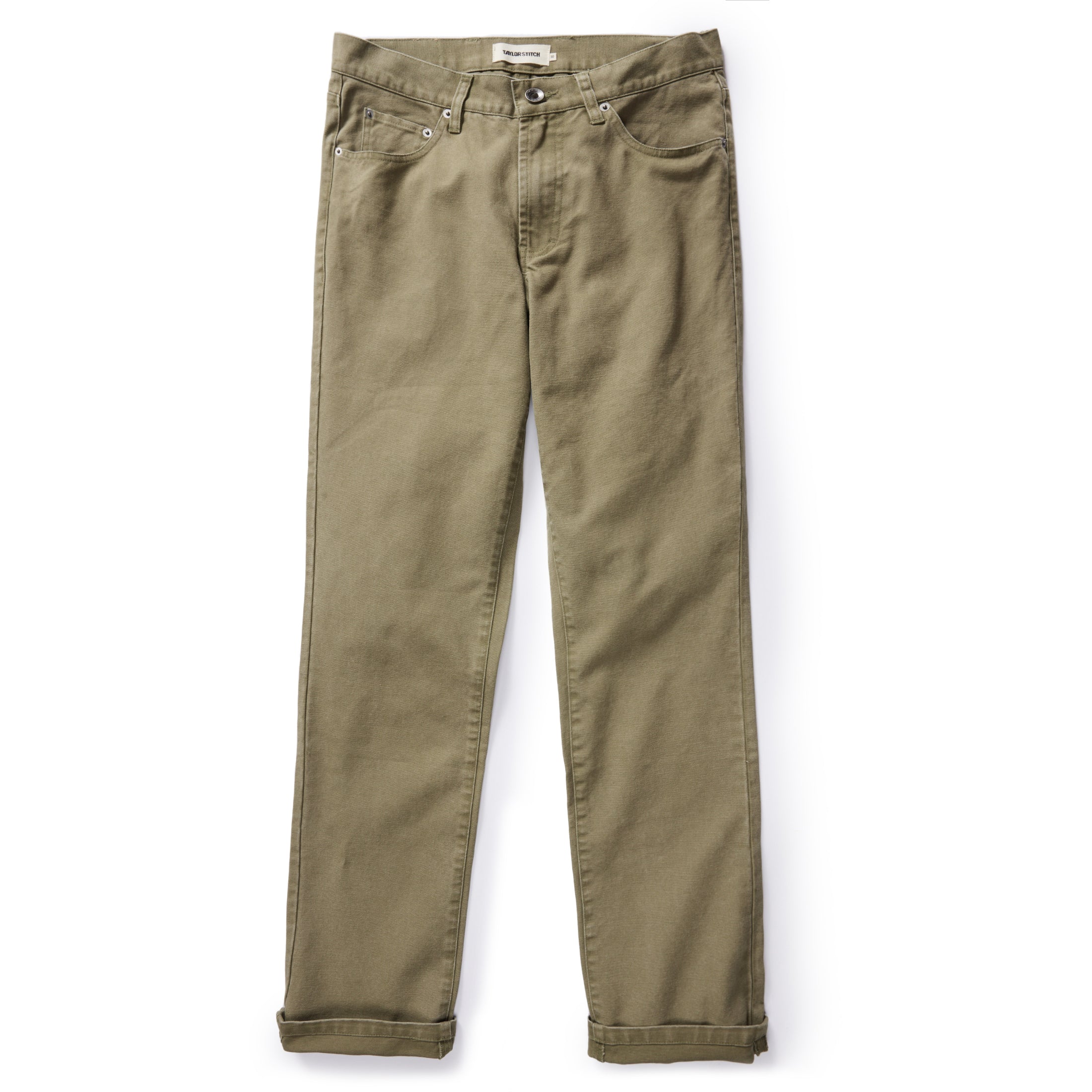 flatlay of The Democratic All Day Pant in Arid Eucalyptus Canvas, shown in full, Bottoms by Taylor Stitch