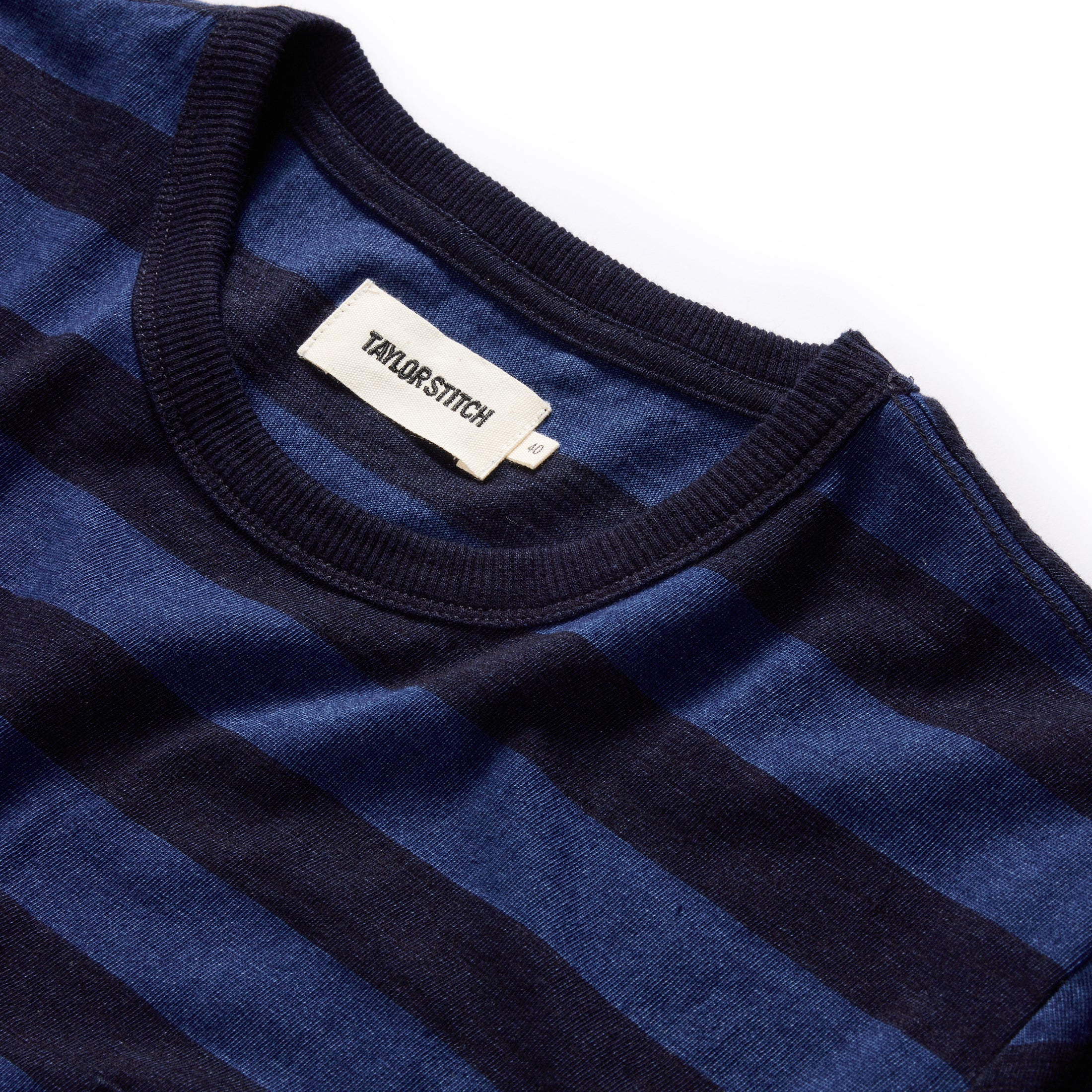 material shot of the neck opening of The Organic Cotton Tee in Indigo Yarn Dye Stripe, Knits by Taylor Stitch