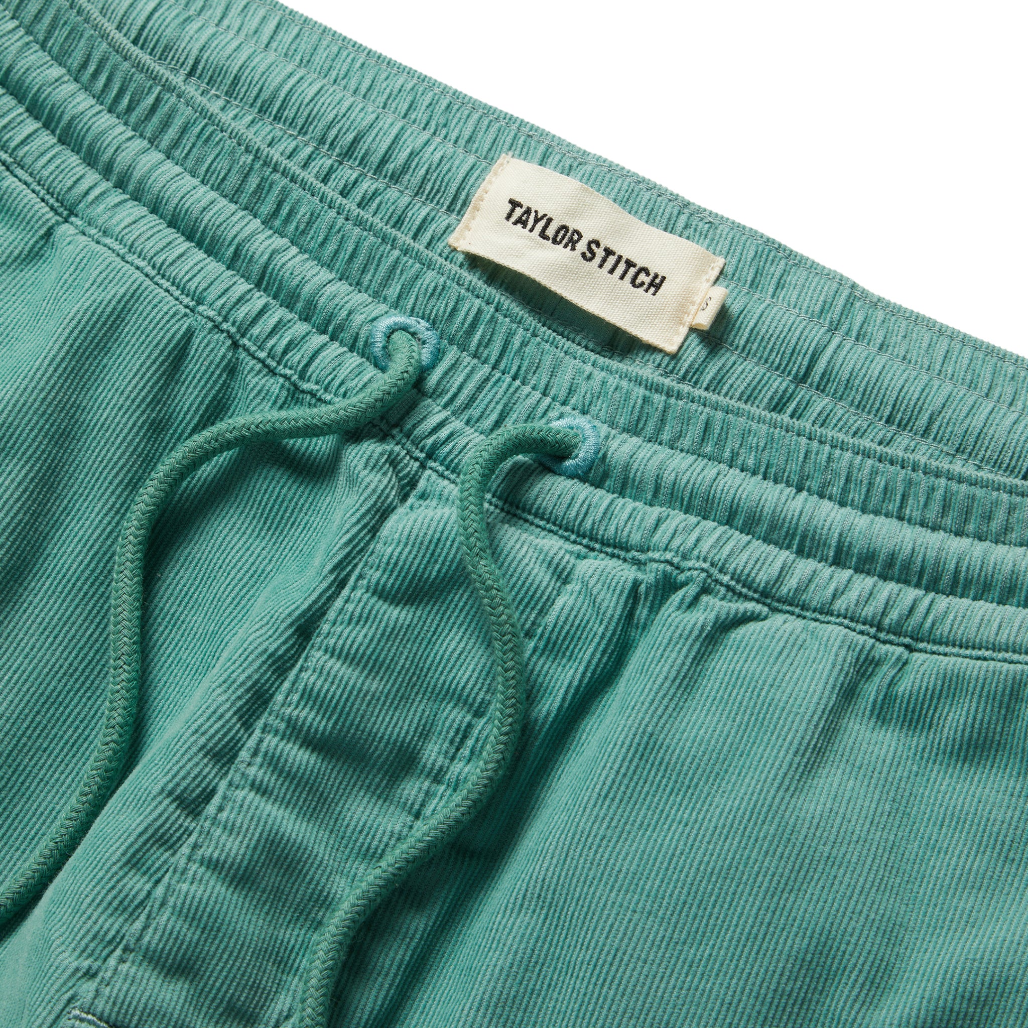 material shot of the waistband on The Après Short in Ocean Pinwale, Shorts by Taylor Stitch