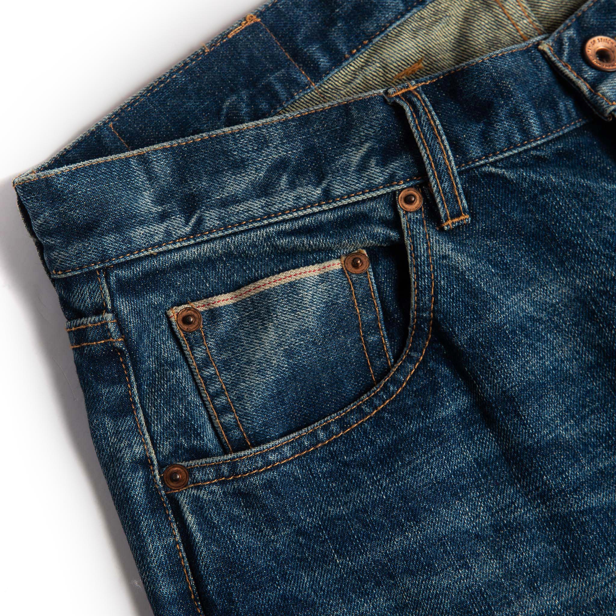 material shot of right pocket of The Democratic Jean in Sawyer Wash Organic Selvage, Bottoms by Taylor Stitch