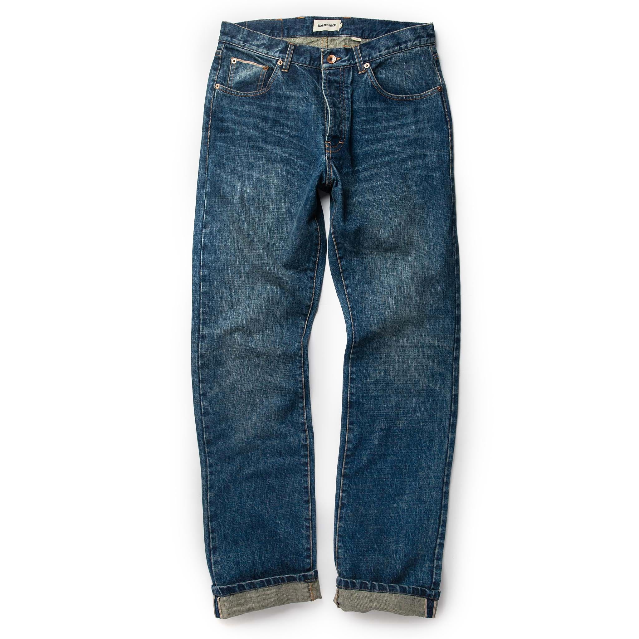 unfolded flatlay of The Democratic Jean in Sawyer Wash Organic Selvage, Bottoms by Taylor Stitch