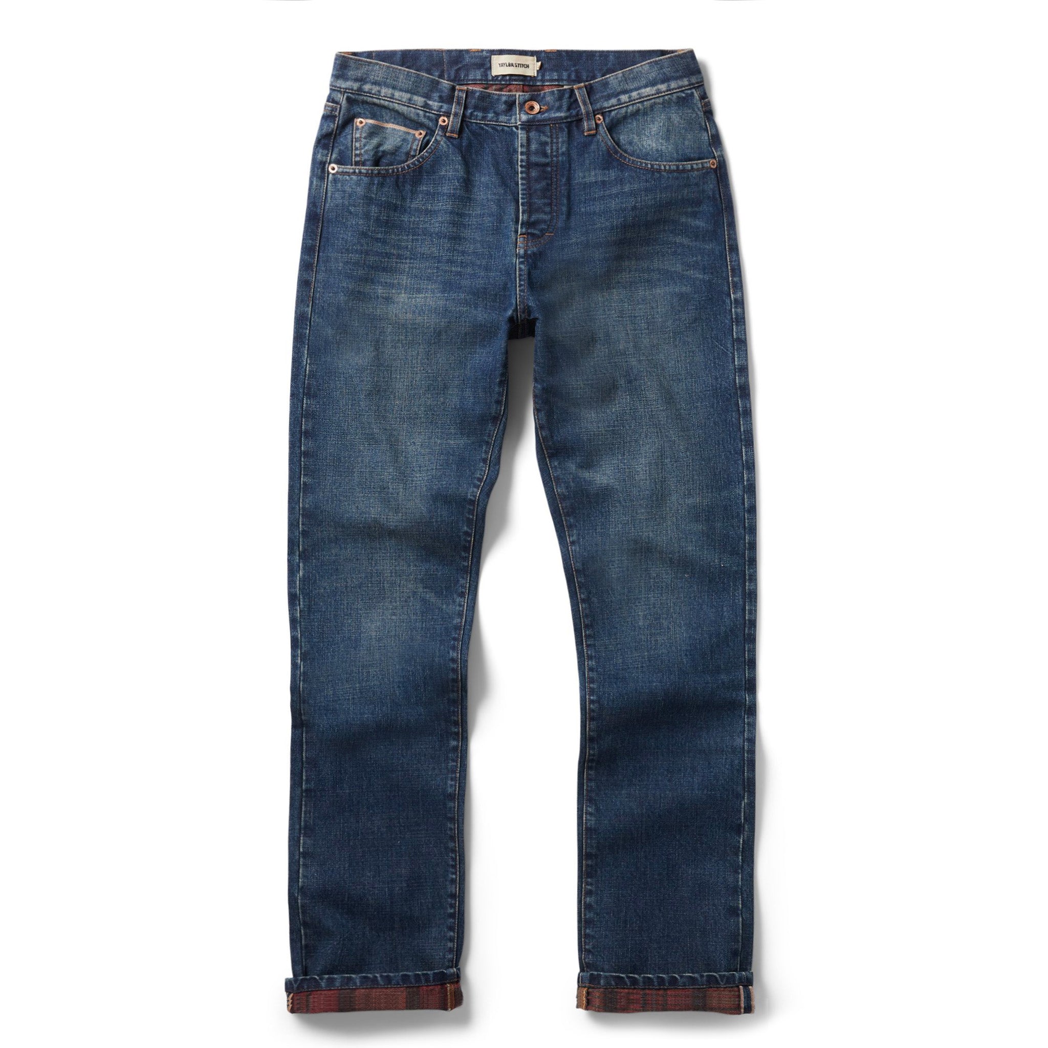flatlay of The Democratic Brushed Back Jean in Sawyer Wash Organic Selvage, Bottoms by Taylor Stitch