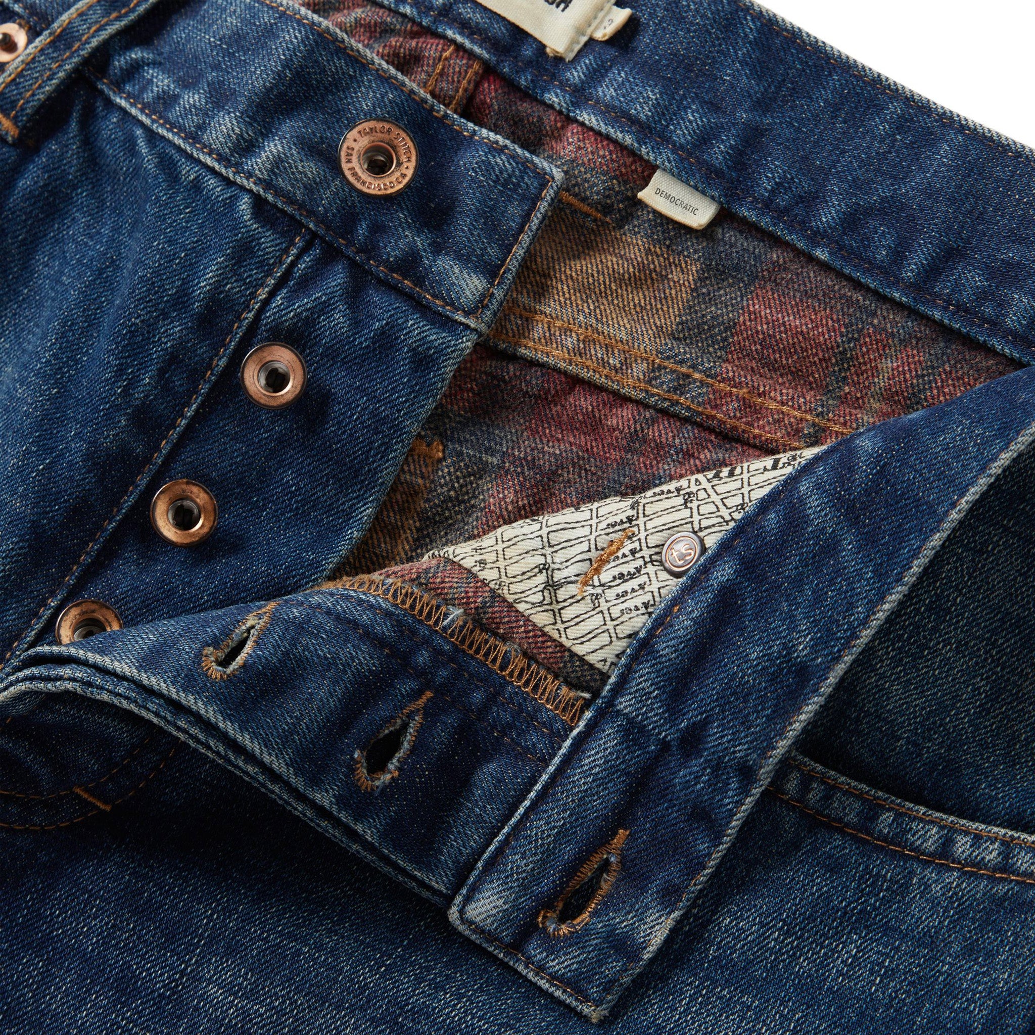 material shot of the button fly on The Democratic Brushed Back Jean in Sawyer Wash Organic Selvage, Bottoms by Taylor Stitch