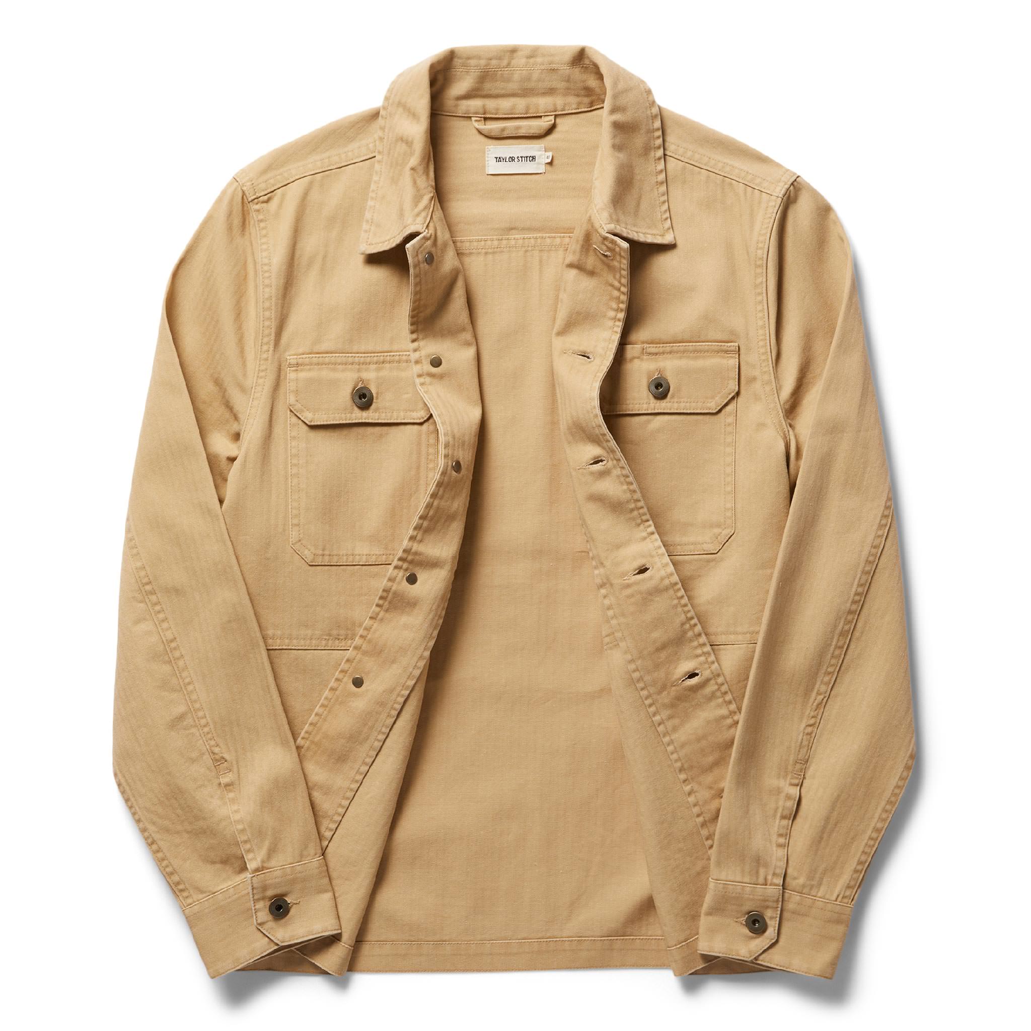 flatlay of The Reserve Shirt in Khaki Herringbone, Outerwear by Taylor Stitch