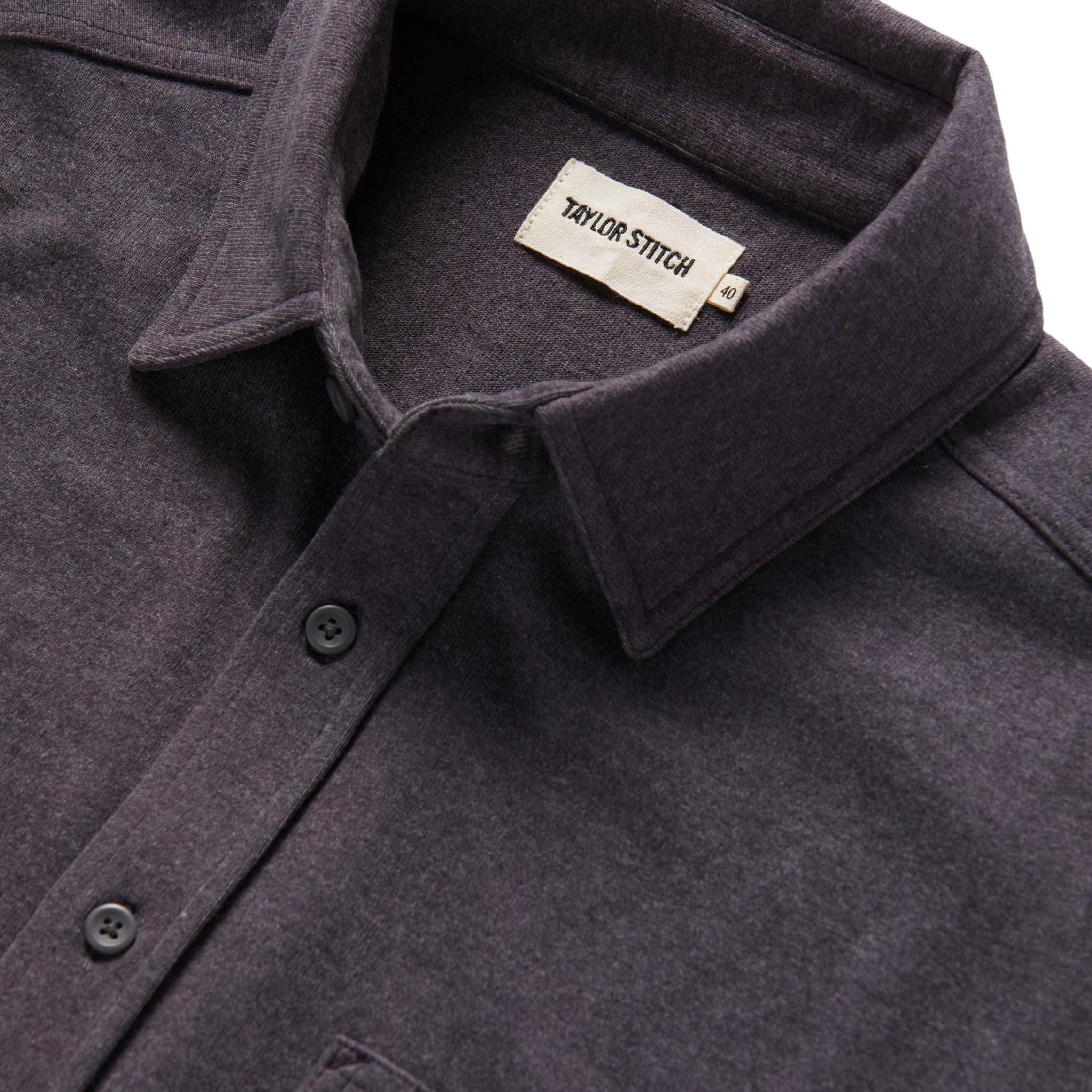material shot of collar of The Utility Shirt in Dark Charcoal Heavy Bag, Wovens by Taylor Stitch