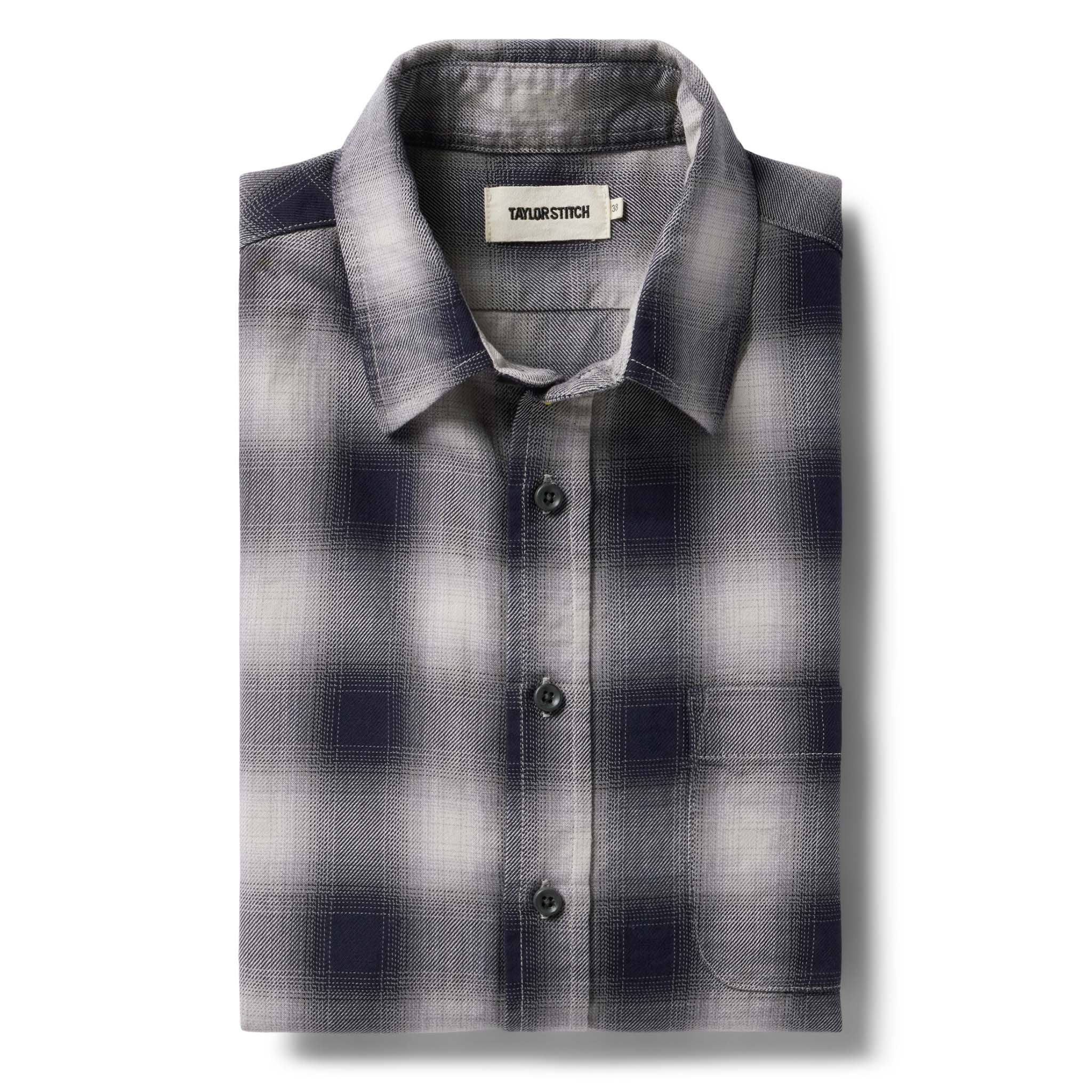 flatlay of The California in Storm Plaid Ombre Twill folded, Wovens by Taylor Stitch