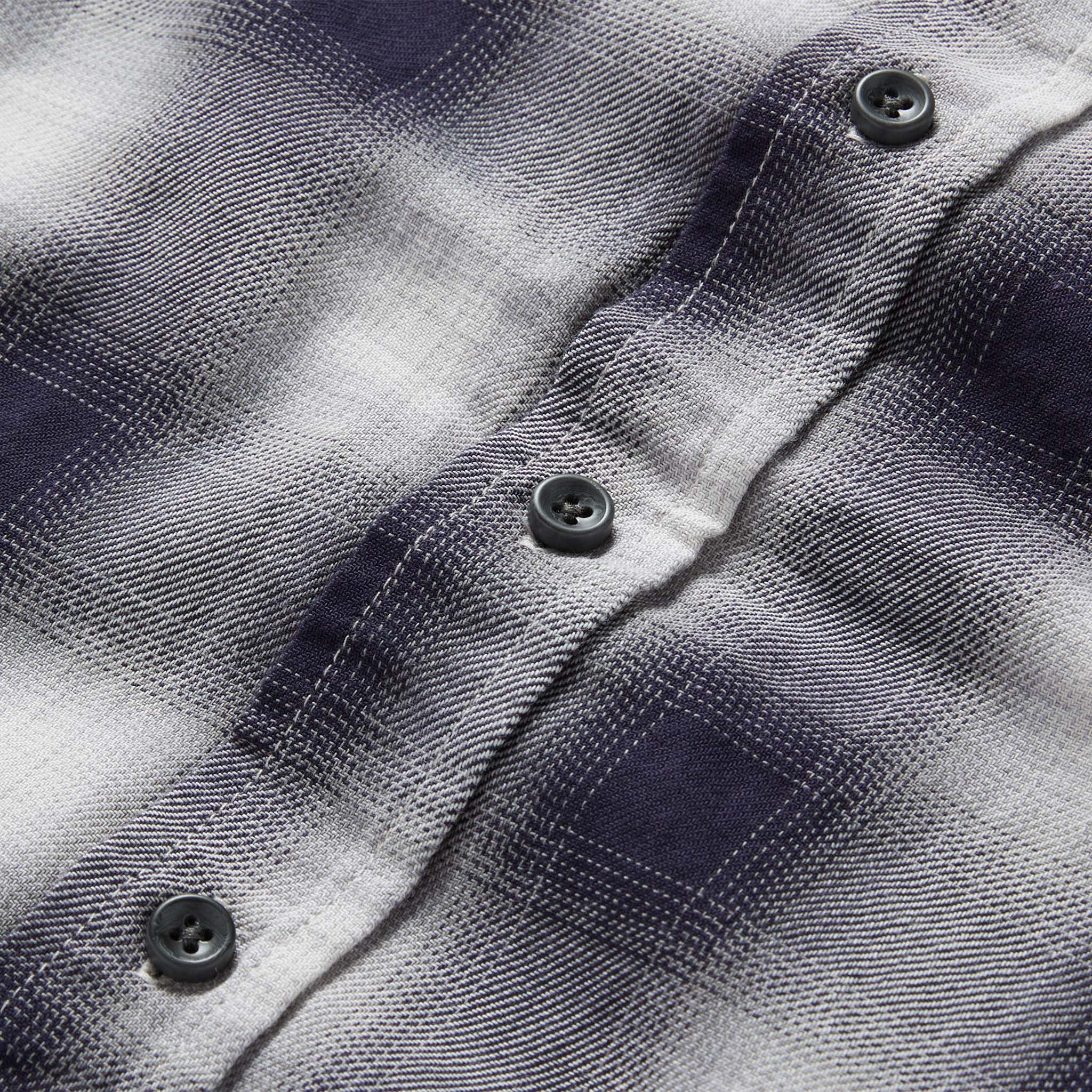 material shot of the buttons on The California in Storm Plaid Ombre Twill, Wovens by Taylor Stitch