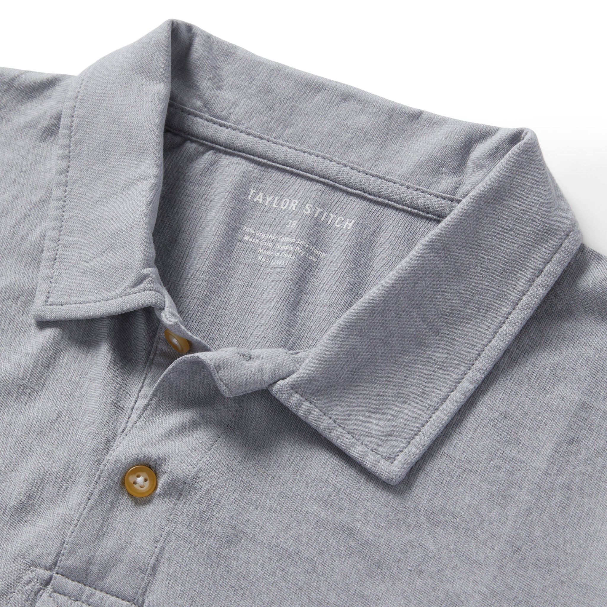 material shot of the collar on The Cotton Hemp Polo in Tradewinds, Knits by Taylor Stitch