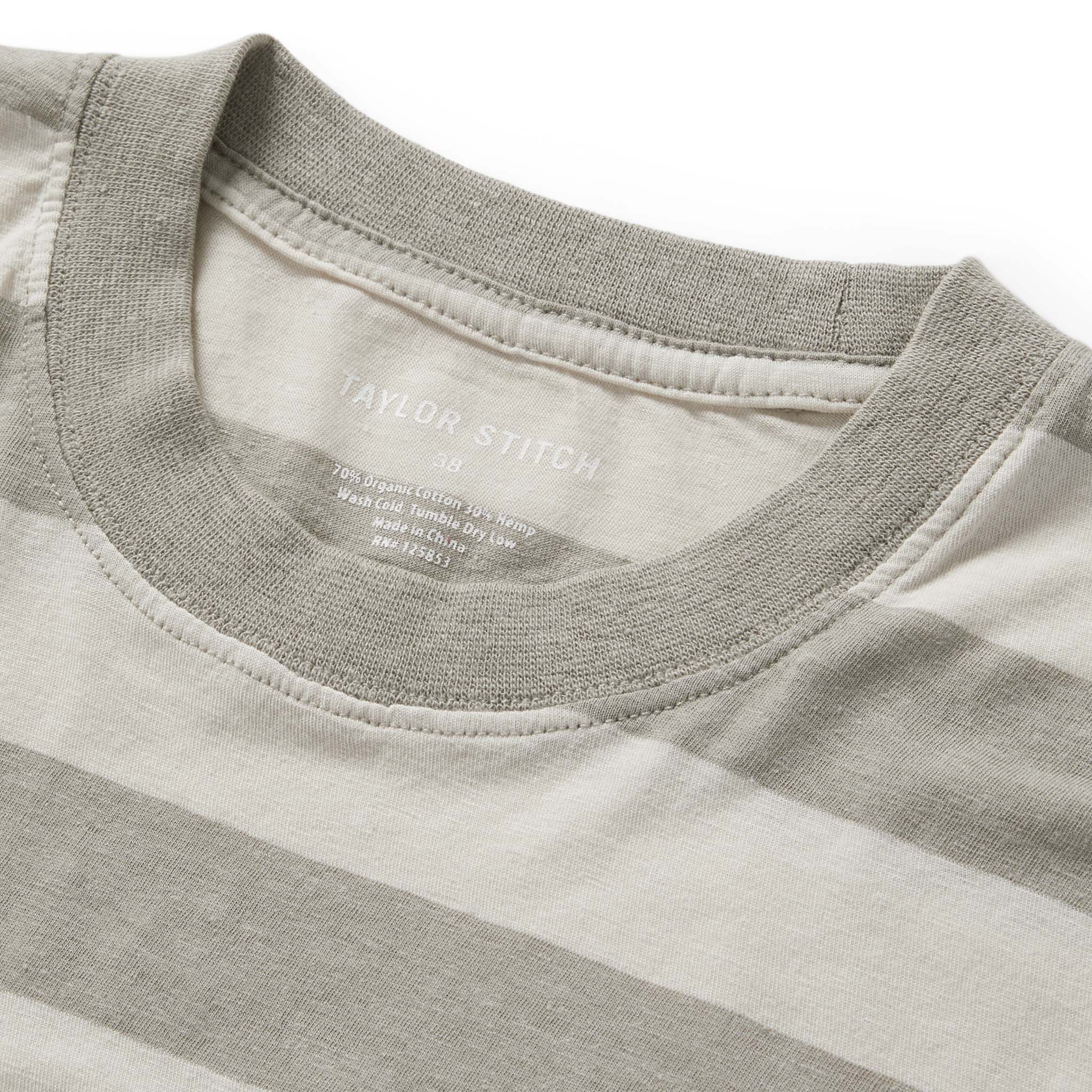 material shot of the collar on The Cotton Hemp Tee in Natural and Sagebrush Stripe, Knits by Taylor Stitch