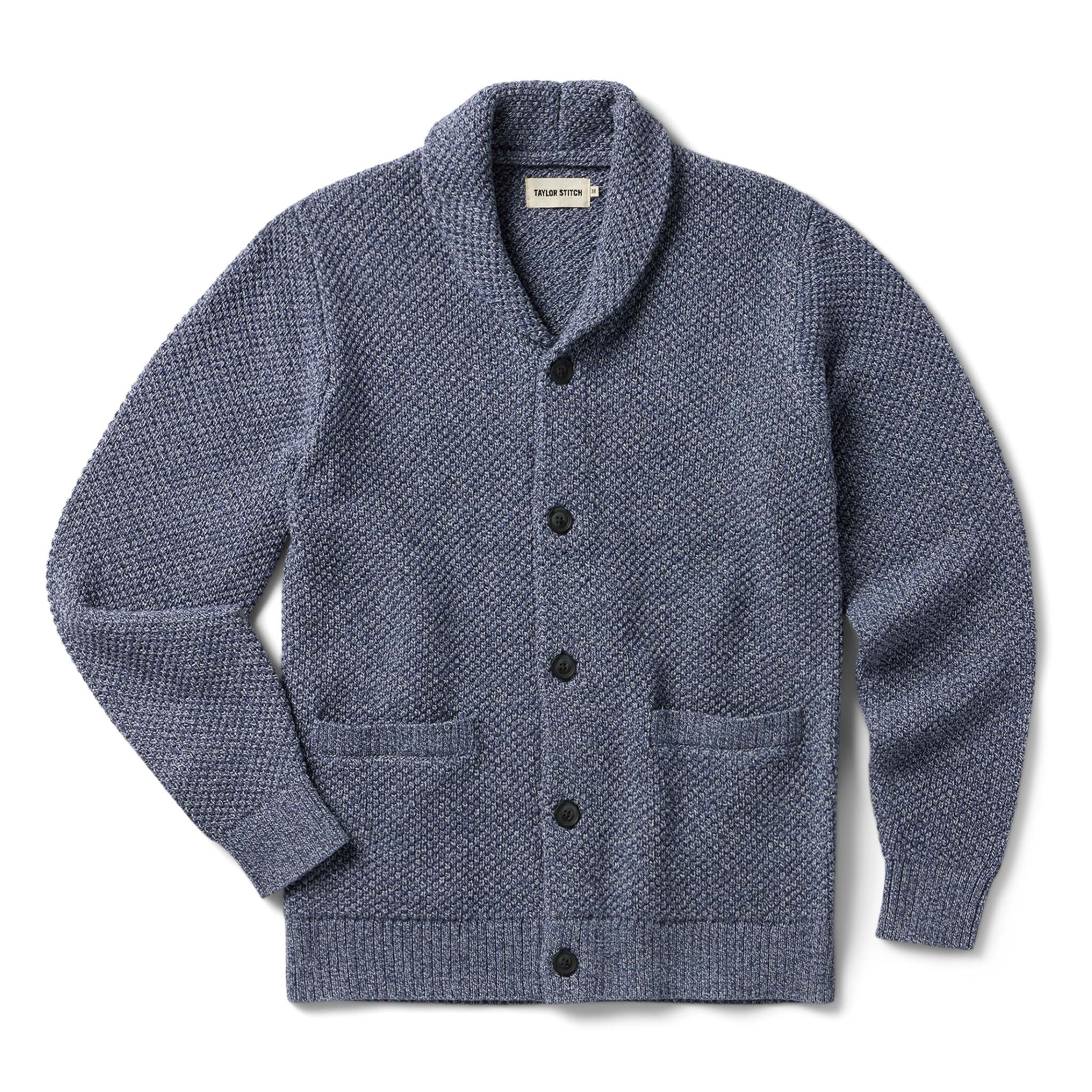 flatlay of The Crawford Sweater in Blue Melange, Knits by Taylor Stitch
