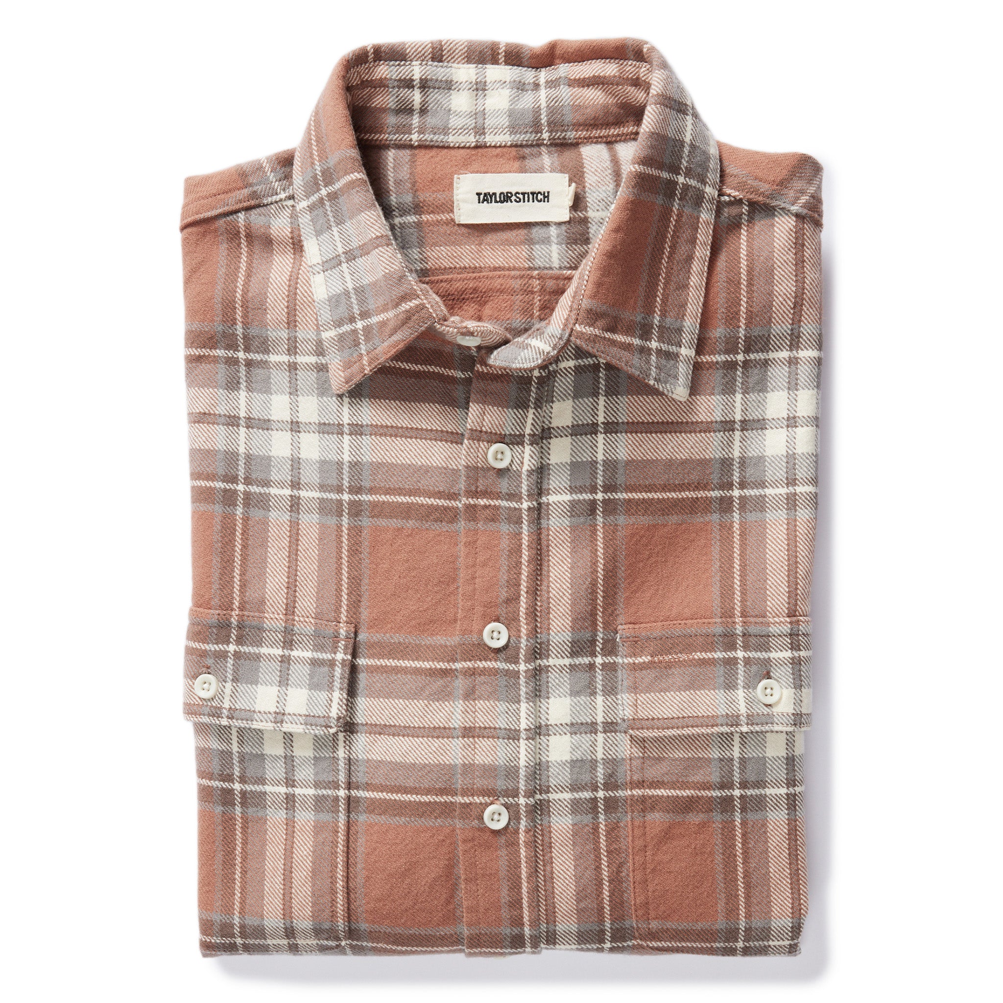 flatlay of The Ledge Shirt in Sun Baked Brick Plaid, Wovens by Taylor Stitch