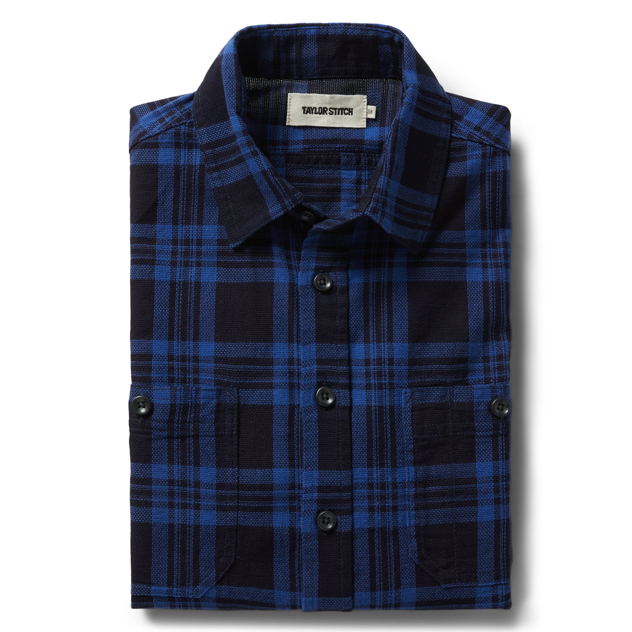 flatlay of The Utility Shirt Rinsed Indigo Plaid folded, Wovens by Taylor Stitch