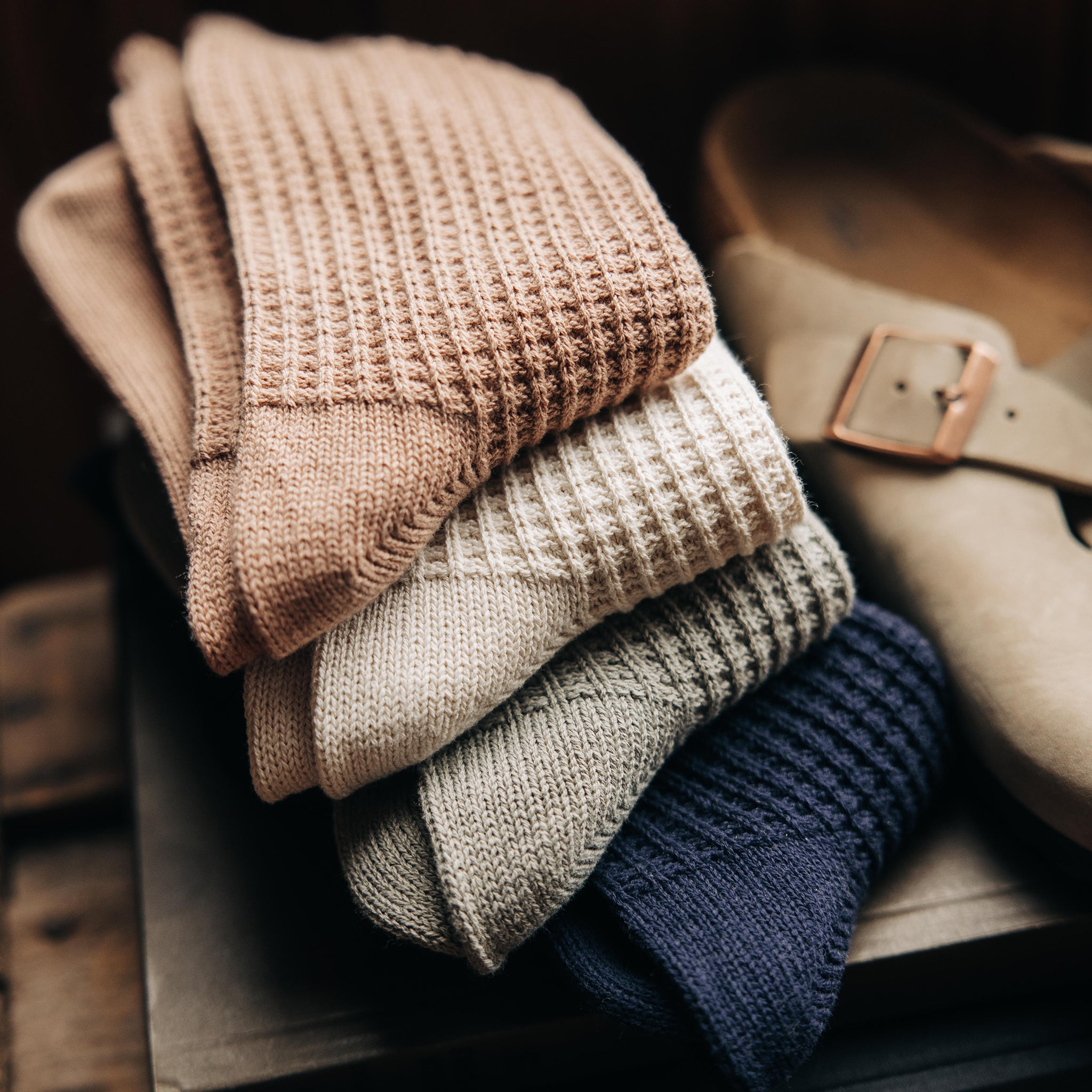 editorial image of folded socks for The Waffle Sock in Navy, Accessories by Taylor Stitch