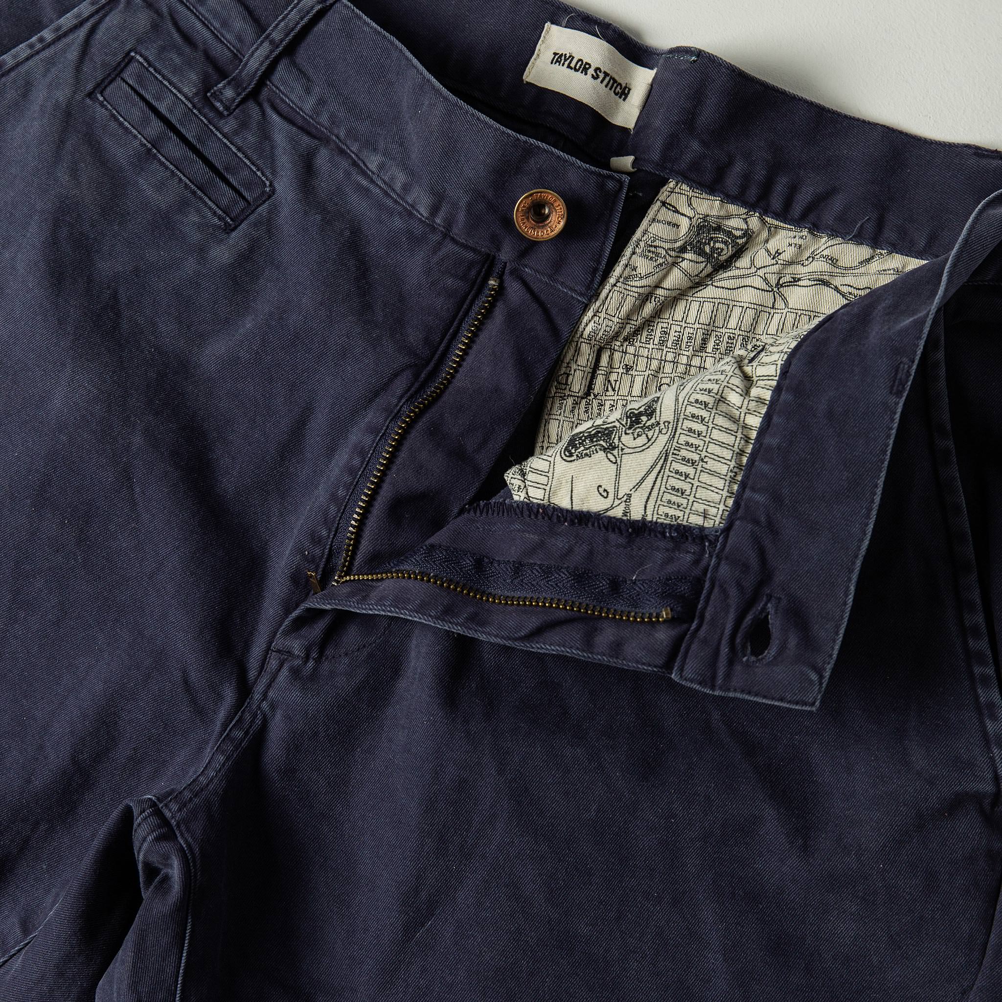 material shot of The Atelier and Repairs Chino in Navy, fly shot, Bottoms by Taylor Stitch