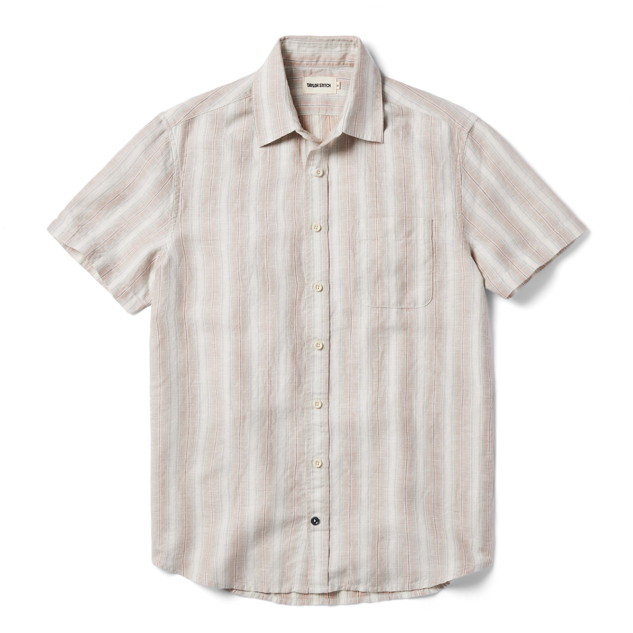 flatlay for The Short Sleeve California in Dusty Rose Stripe, Wovens by Taylor Stitch