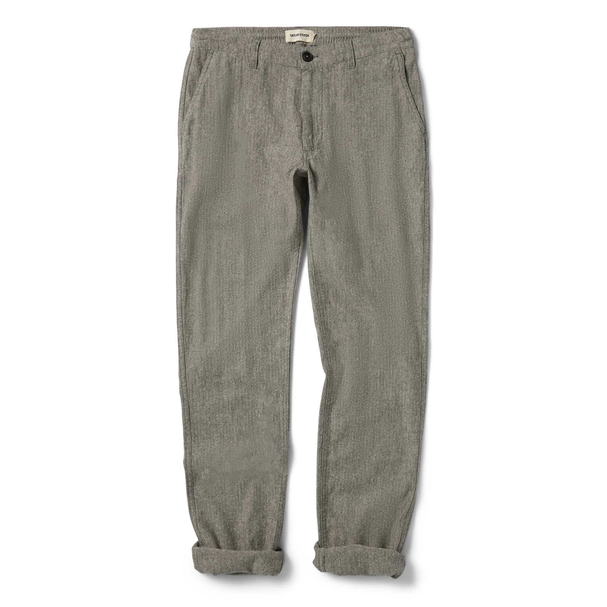 flatlay of The Easy Pant in Charcoal Herringbone, shown in full, Bottoms by Taylor Stitch