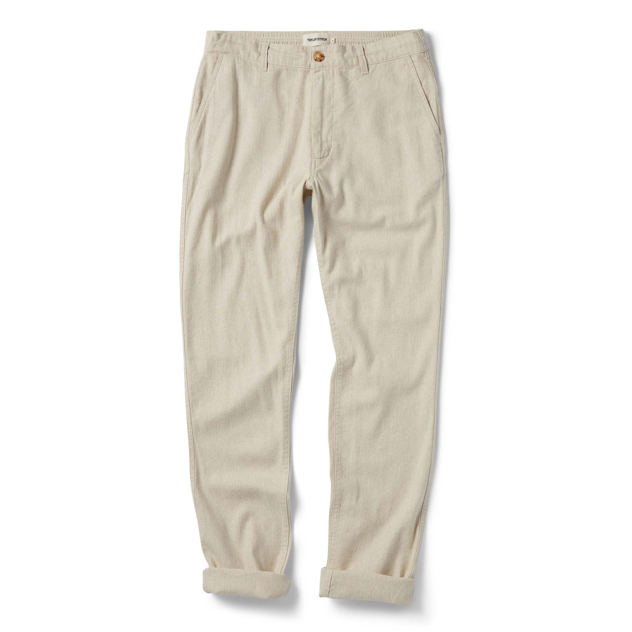 flatlay of The Easy Pant in Natural Herringbone, shown in full, Bottoms by Taylor Stitch