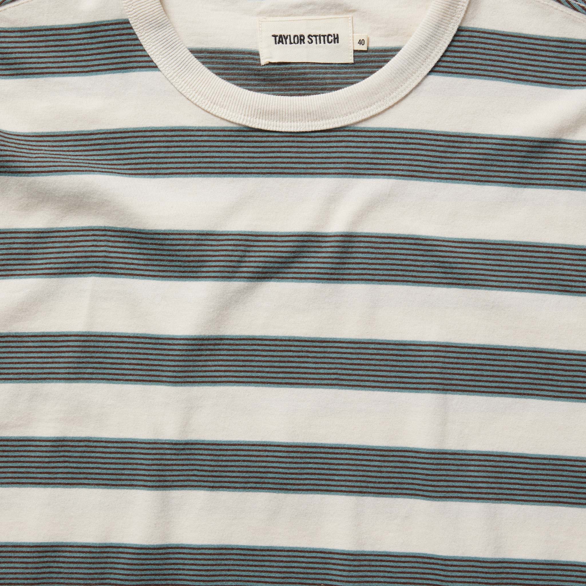 material shot of the collar and label on The Organic Cotton Tee in Natural and Ocean Stripe, Knits by Taylor Stitch