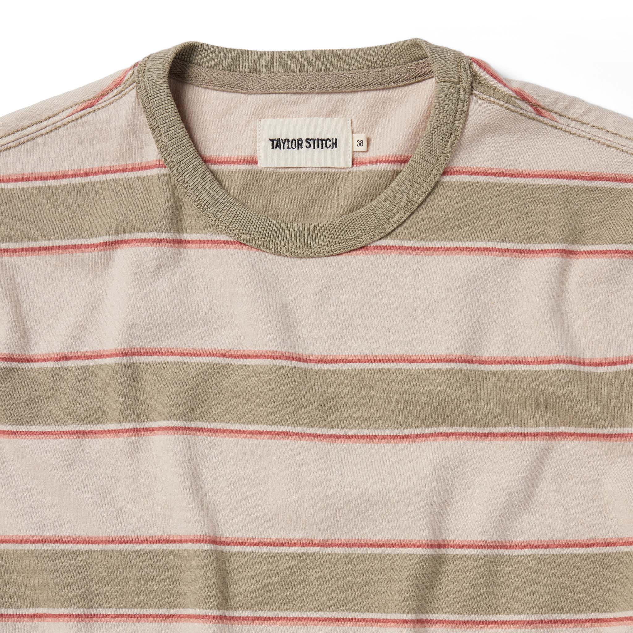 material shot of the collar and label on The Organic Cotton Tee in Seagrass Stripe, Knits by Taylor Stitch